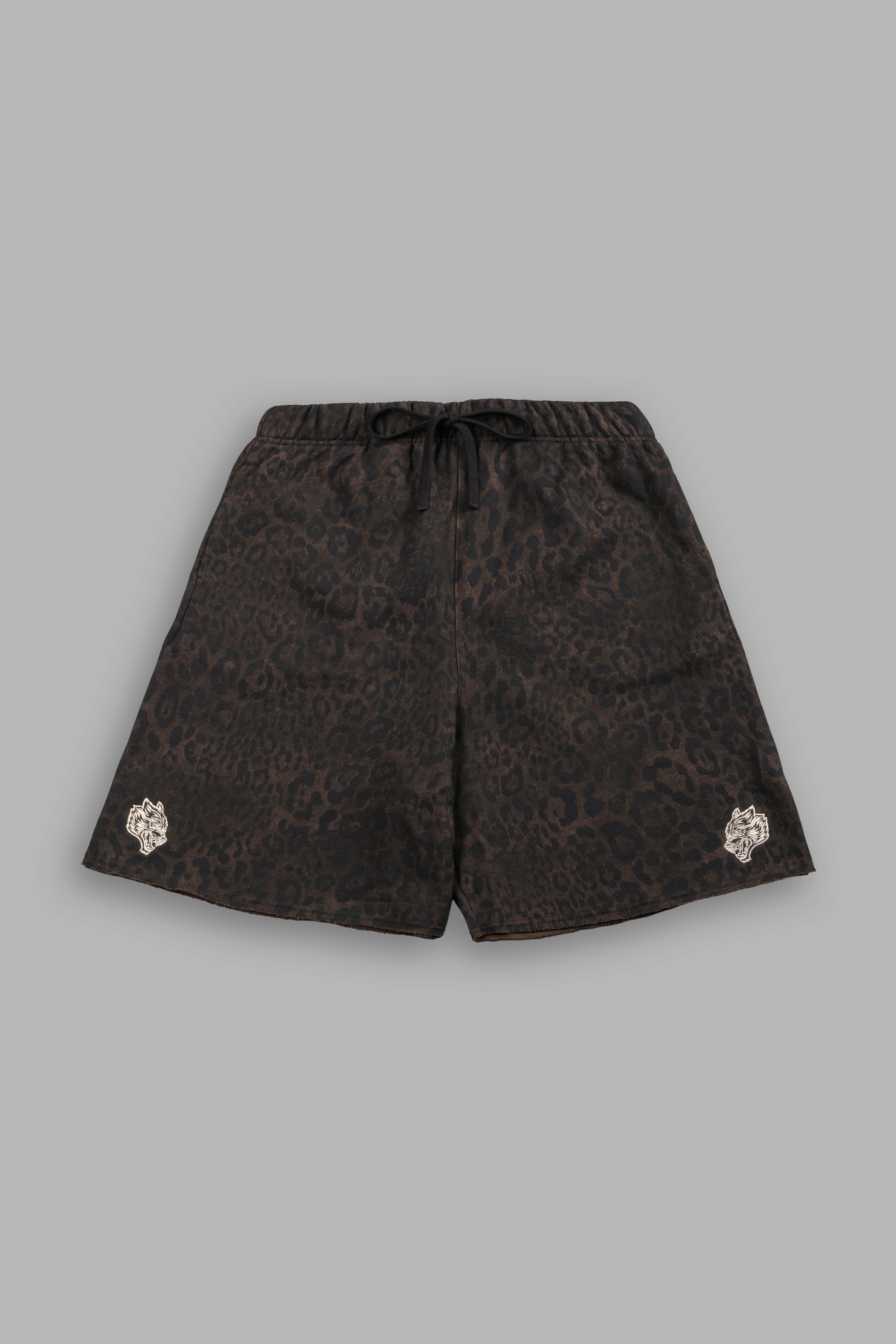 Dual Grunge Oversized Raw Hem Post Lounge Sweat Shorts in Darc Brown Leopard