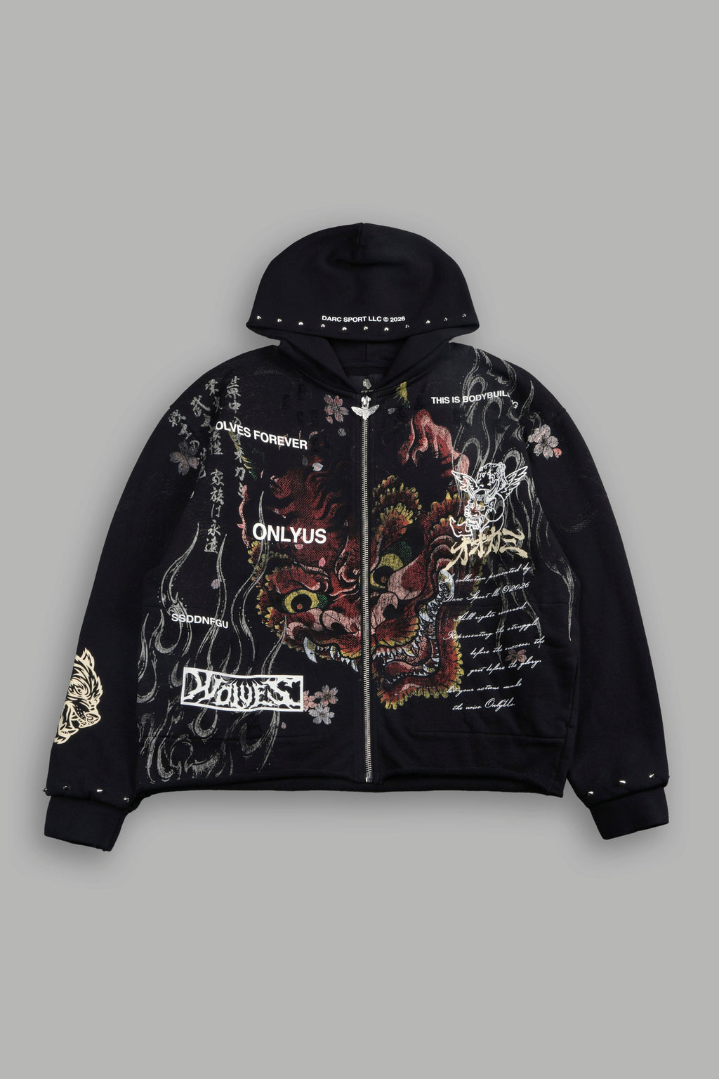 Shutendoji Distressed Grunge Mid Length Raw Hem Zip Hoodie in Black — imagem 1