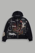 Shutendoji Distressed Grunge Mid Length Raw Hem Zip Hoodie in Black — imagem 1