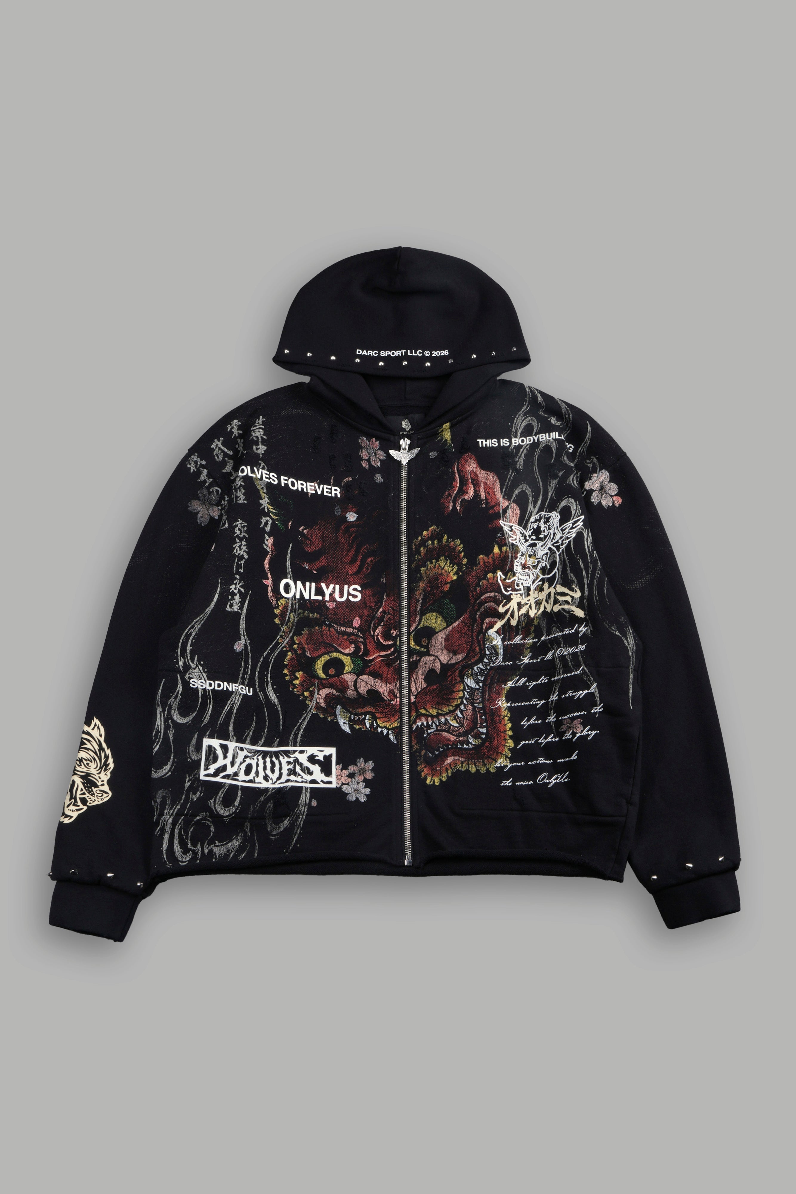 Shutendoji Distressed Grunge Mid Length Raw Hem Zip Hoodie in Black — imagem 1