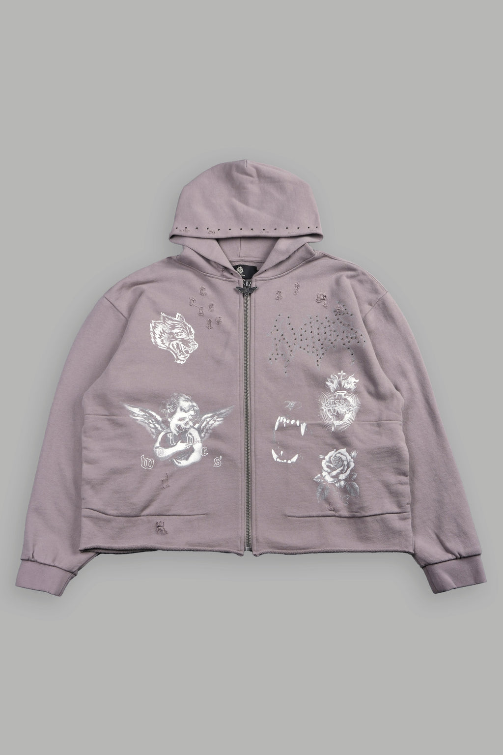 Darc Heaven Distressed Grunge Mid Length Raw Hem Zip Hoodie In Pale Gray