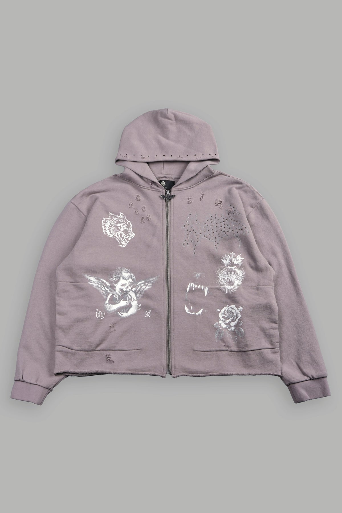 Darc Heaven Distressed Grunge Mid Length Raw Hem Zip Hoodie In Pale Gray