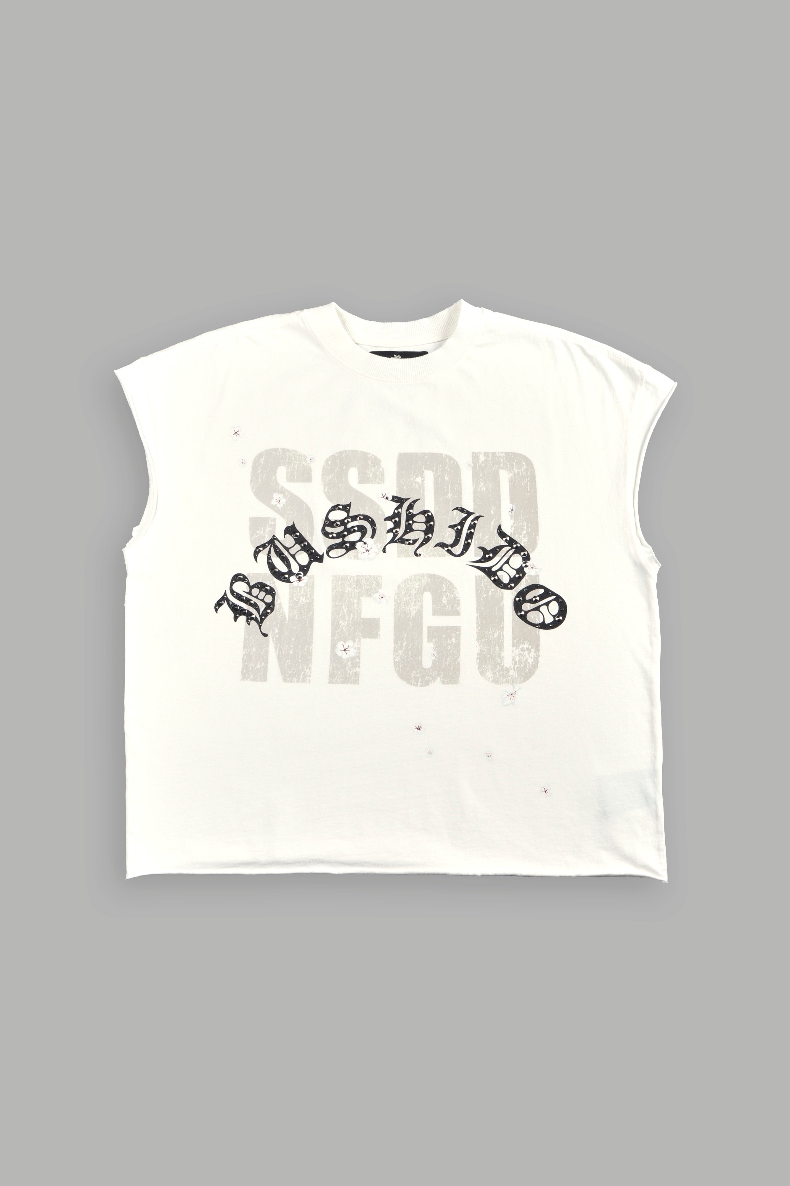 Ssddnfgu Bushido Grunge Cut-Off Mid Length Raw Hem Tee in Cream — imagem 1