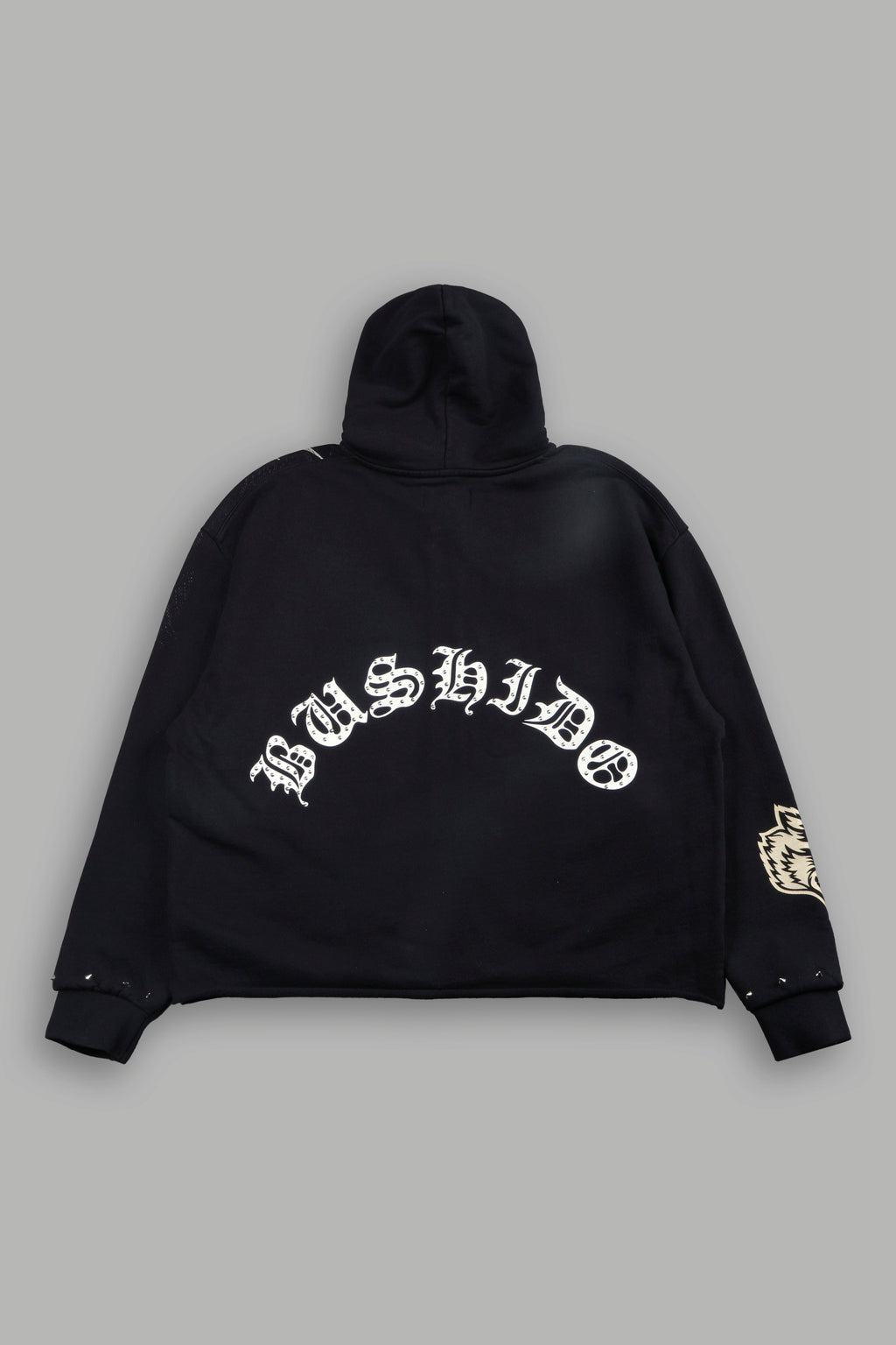 Shutendoji Distressed Grunge Mid Length Raw Hem Zip Hoodie in Black — imagem 3