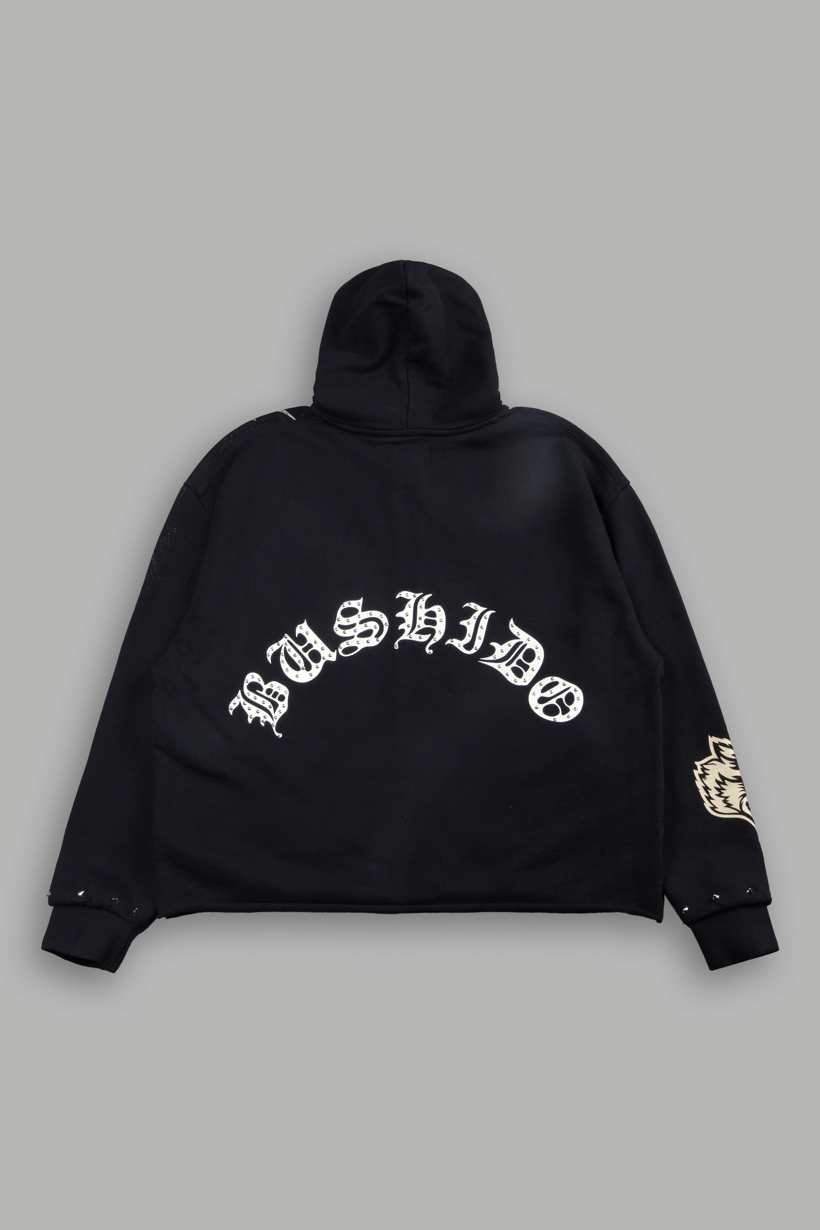 Shutendoji Distressed Grunge Mid Length Raw Hem Zip Hoodie in Black — imagem 3