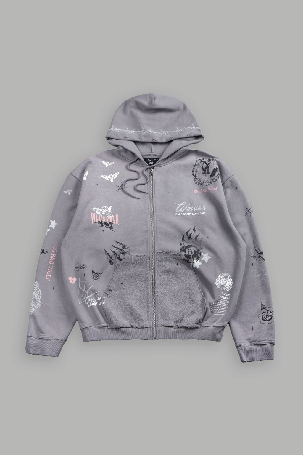 Big Bad Wolves Grunge Moatis Zip Hoodie in Dove Gray Drift Wash