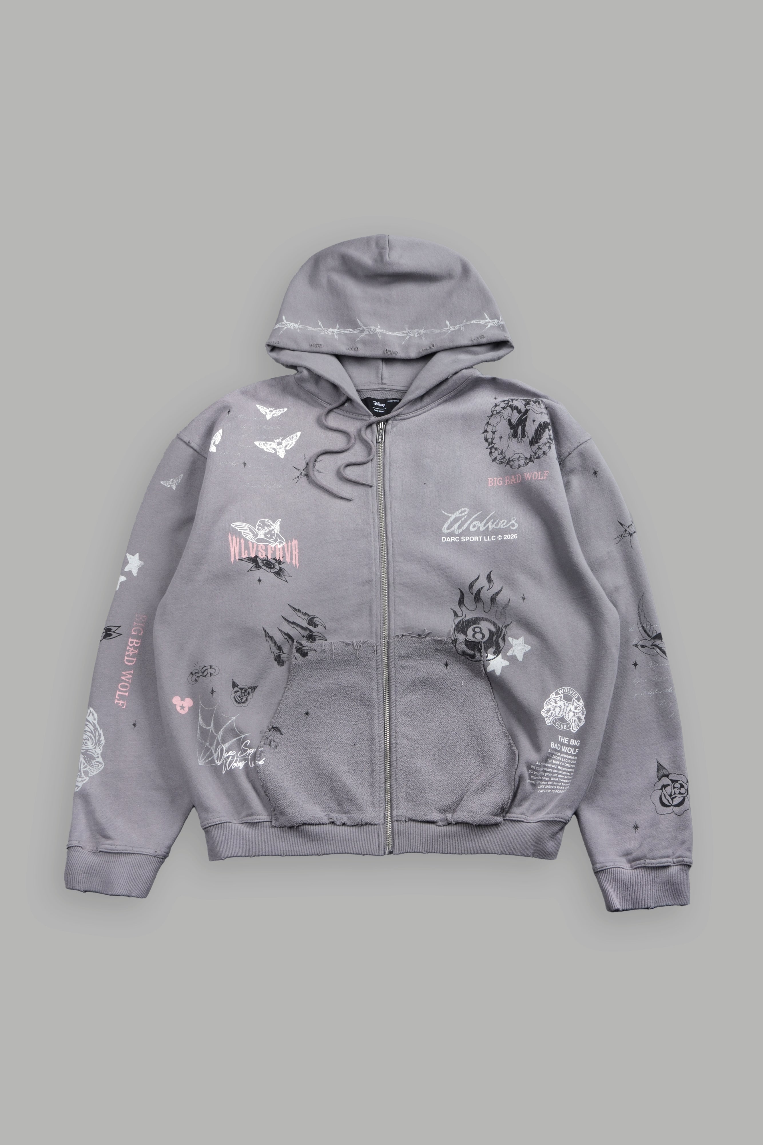 Big Bad Wolves Grunge Moatis Zip Hoodie in Dove Gray Drift Wash