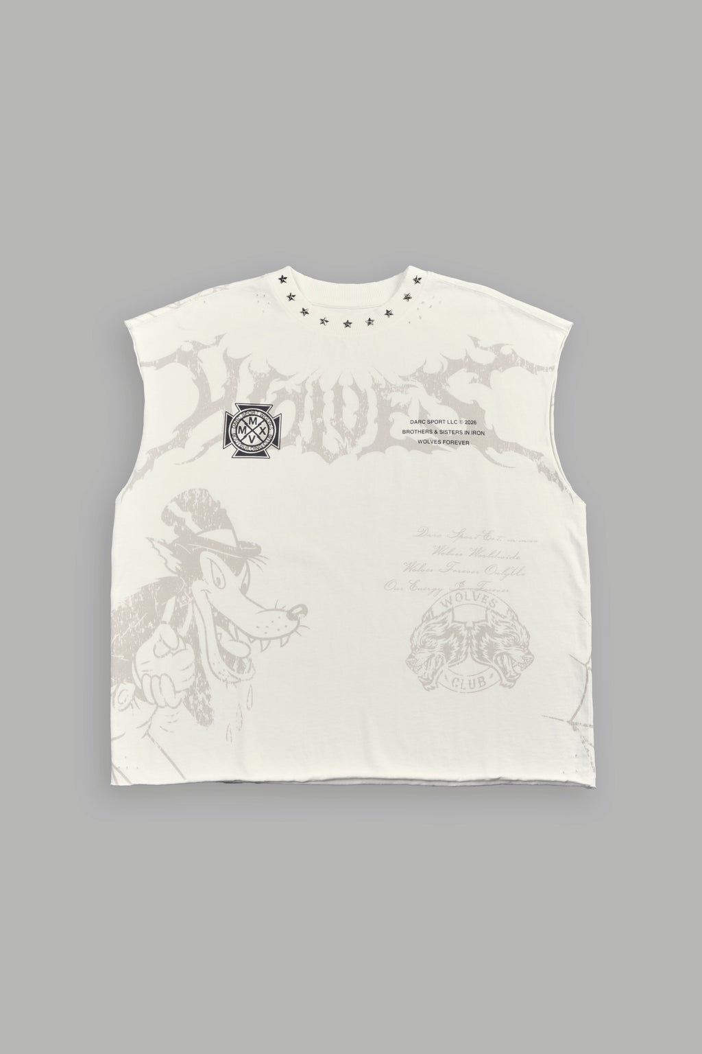 Big & Bad Distressed Grunge Mid Length Raw Hem Muscle Tee in Cream