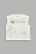 Big & Bad Distressed Grunge Mid Length Raw Hem Muscle Tee in Cream