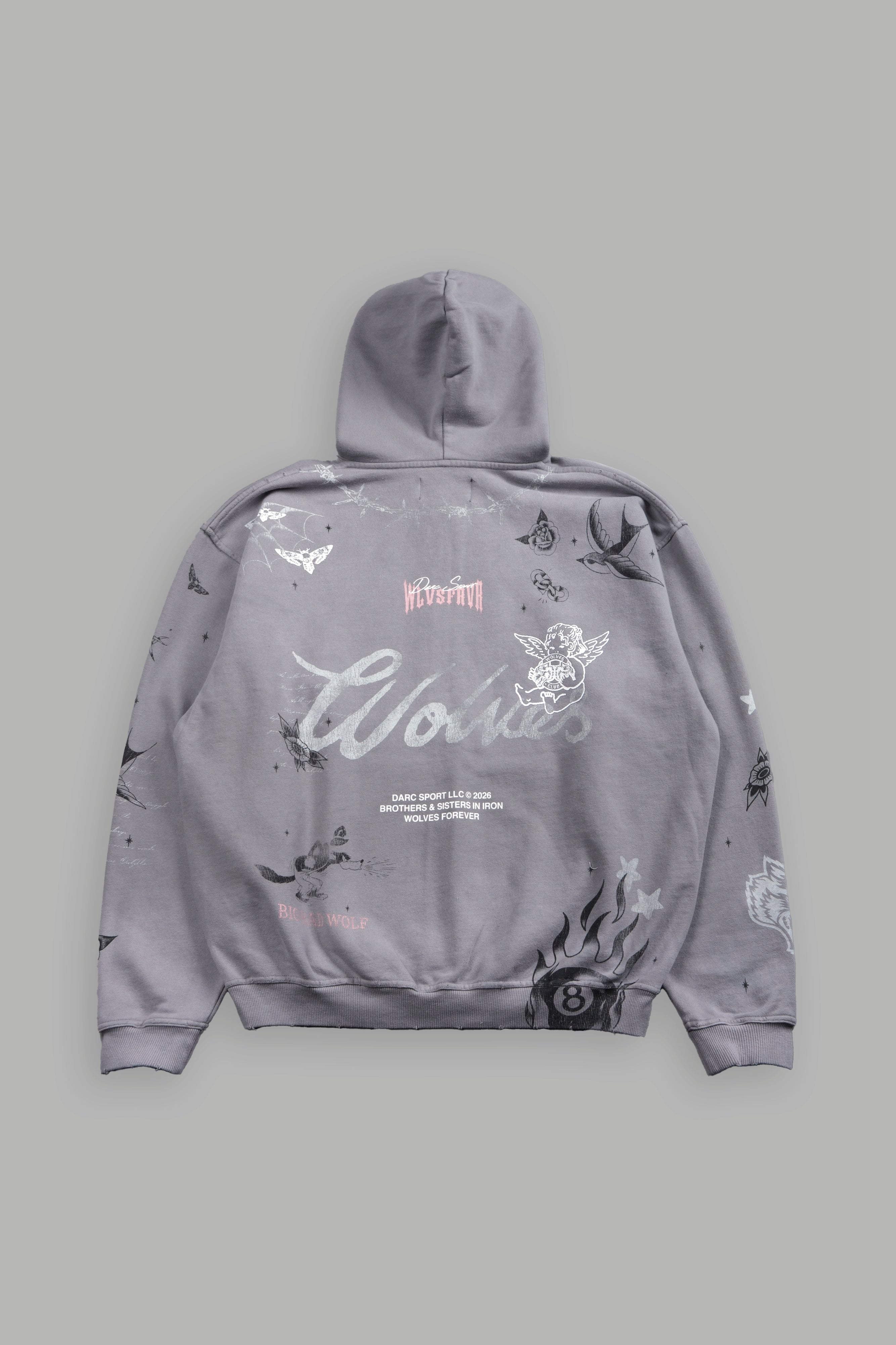 Big Bad Wolves Grunge Moatis Zip Hoodie in Dove Gray Drift Wash