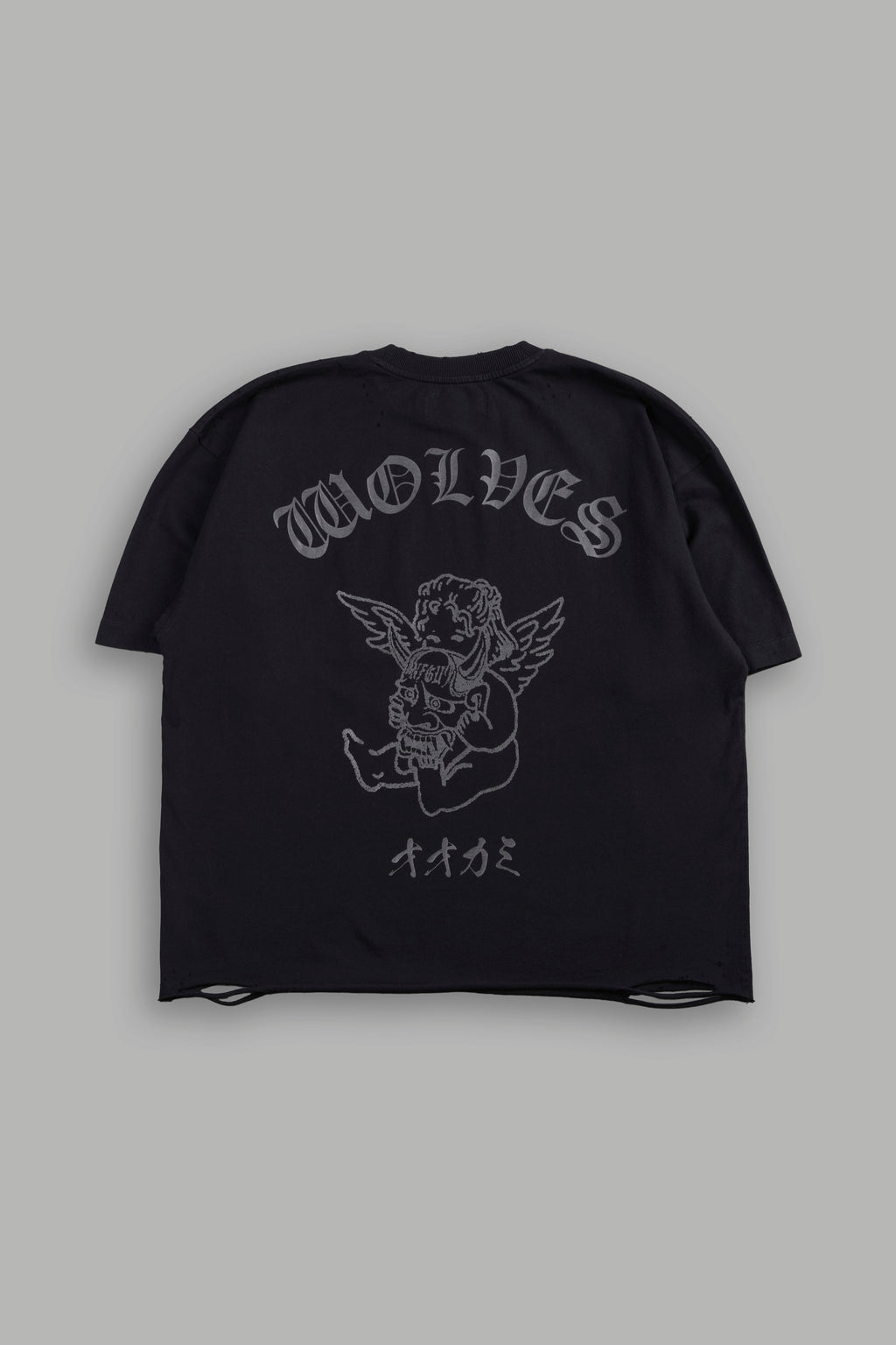 Wolves Oni Cherub Distressed Grunge Unisex Tee in Black — imagem 1