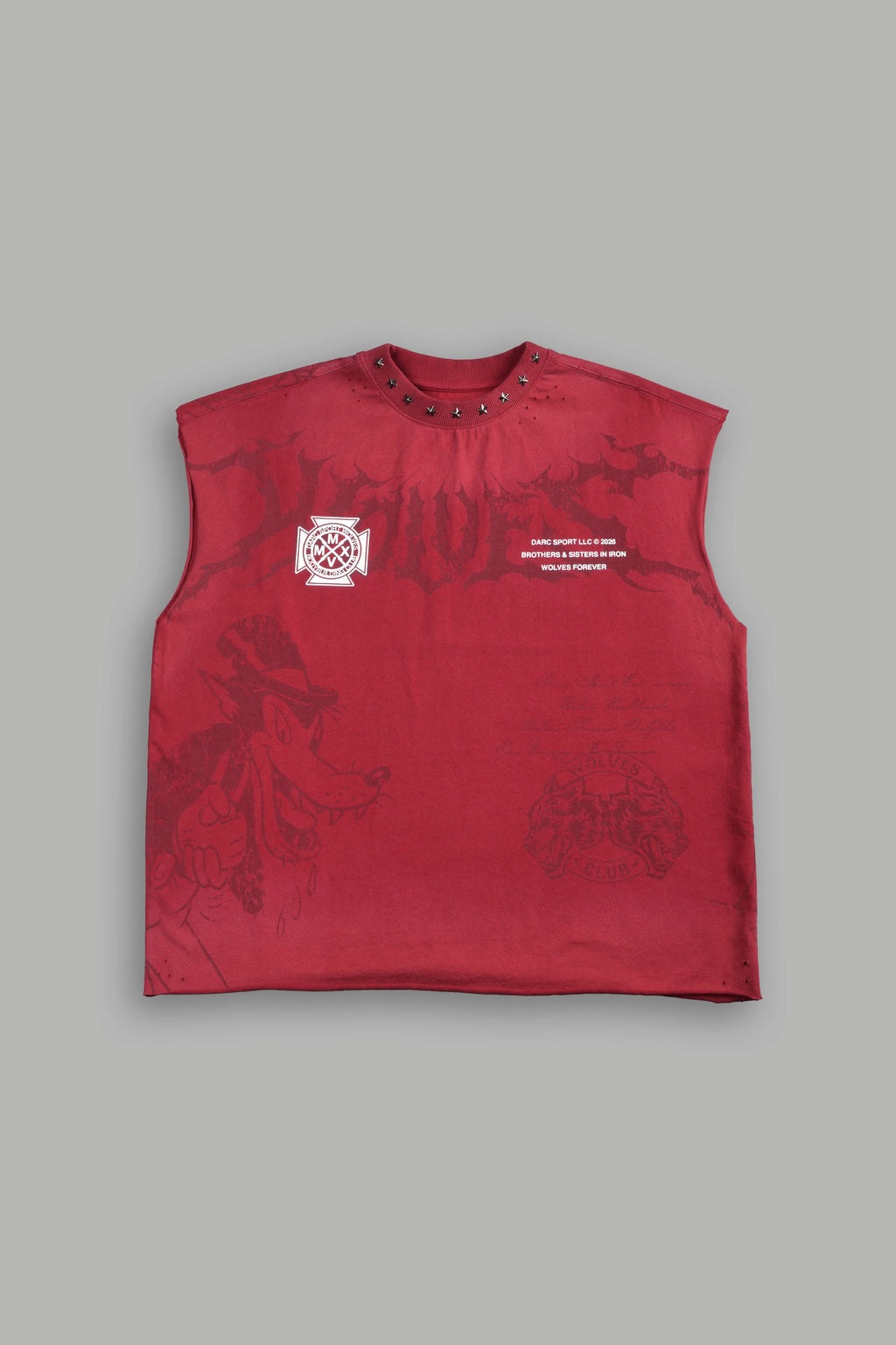 Big & Bad Distressed Grunge Mid Length Raw Hem Muscle Tee in Carmine Red Drift Wash
