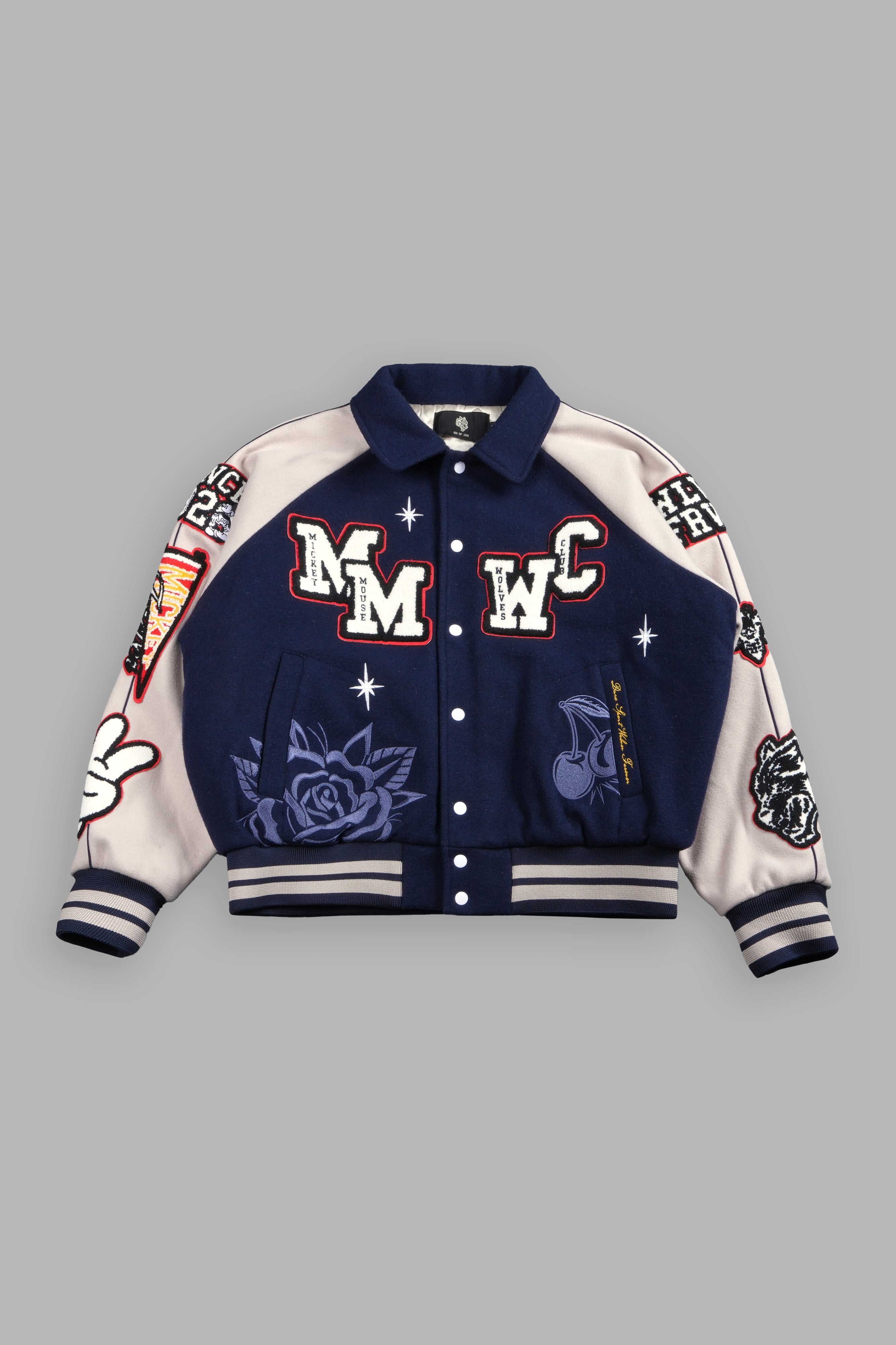 Mickey Mouse Wolves Club Roxy Box Cut Rudy Letterman Jacket in Navy/Clay