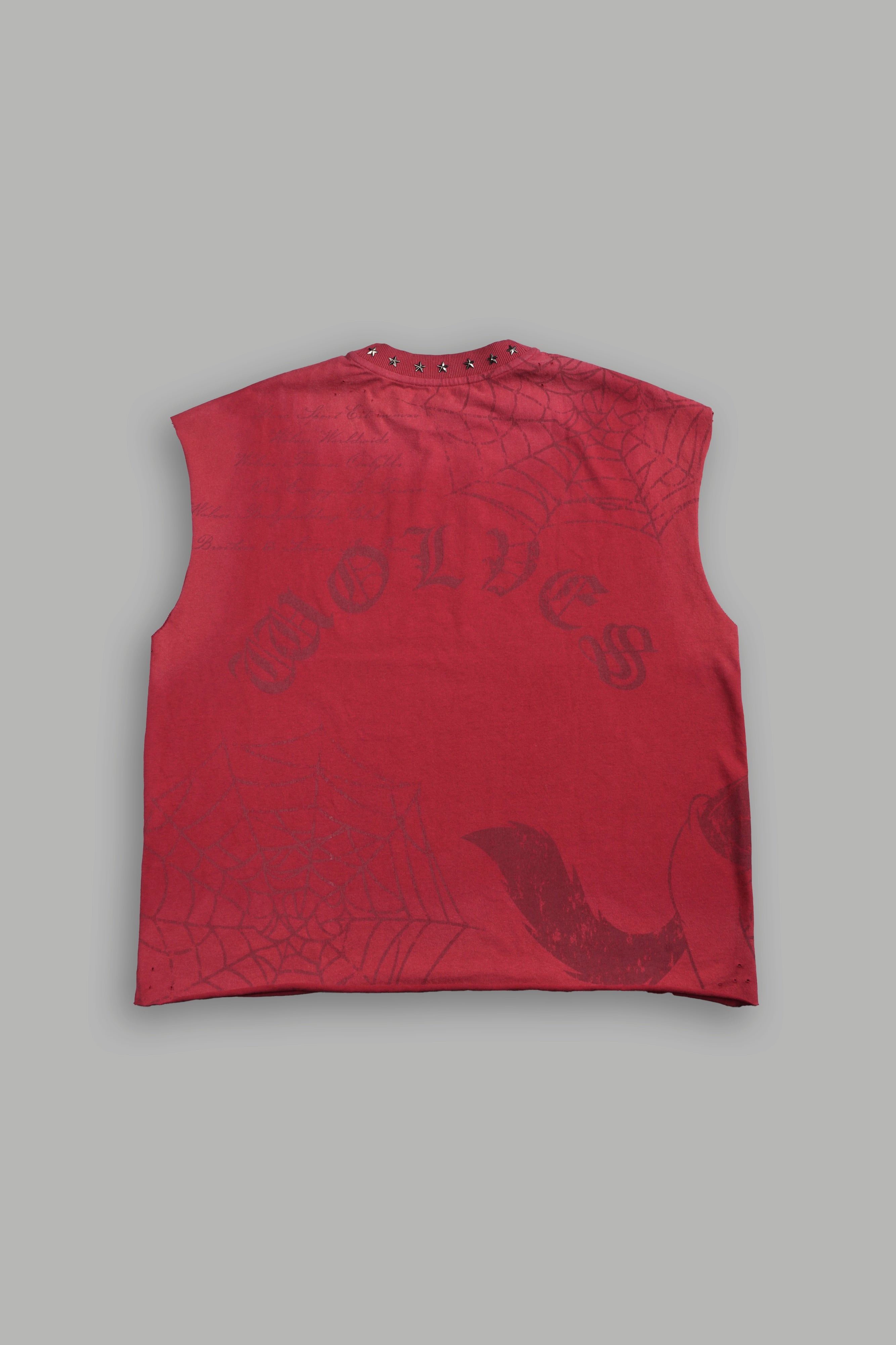 Big & Bad Distressed Grunge Mid Length Raw Hem Muscle Tee in Carmine Red Drift Wash