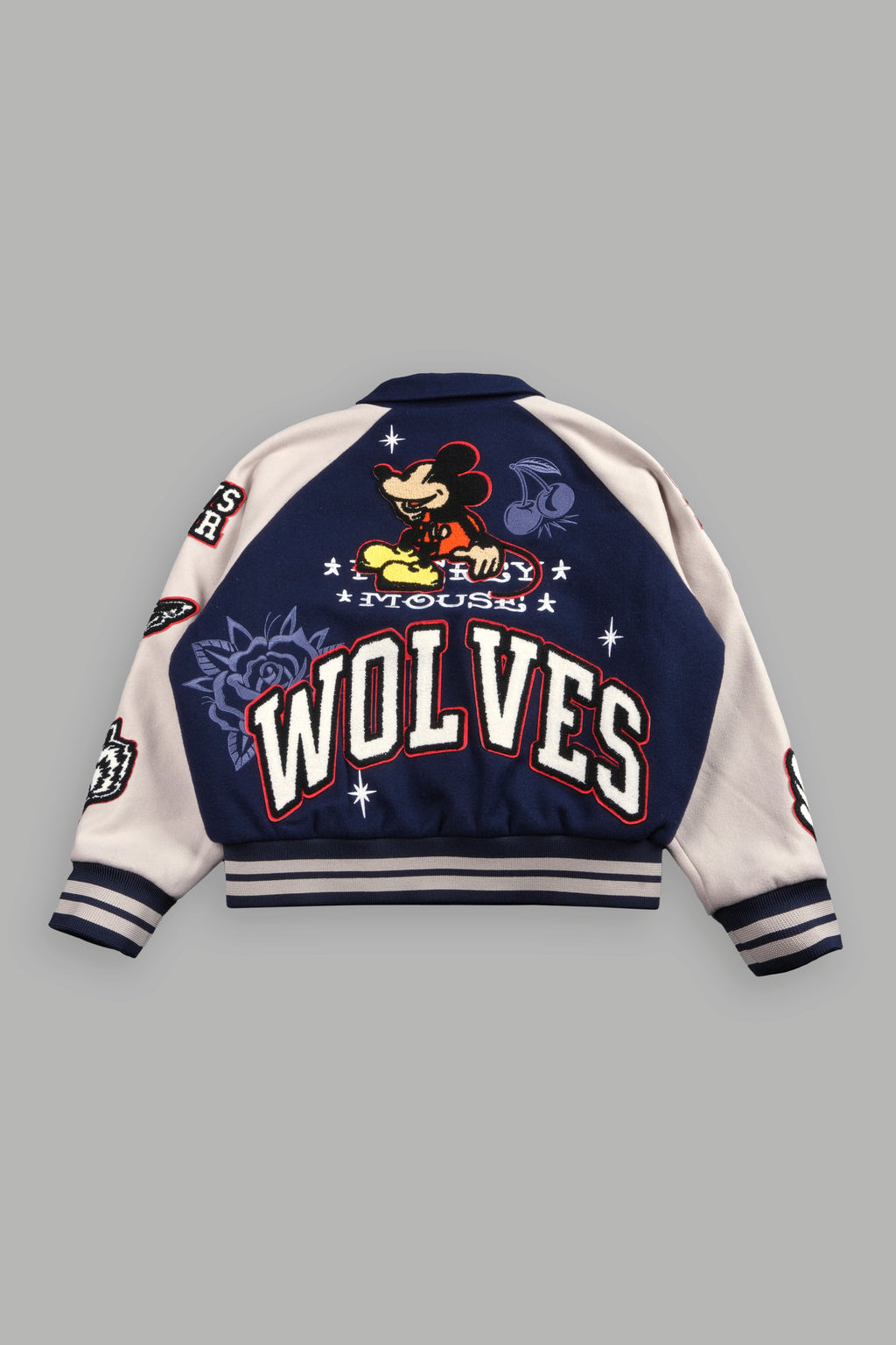 Mickey Mouse Wolves Club Roxy Box Cut Rudy Letterman Jacket in Navy/Clay
