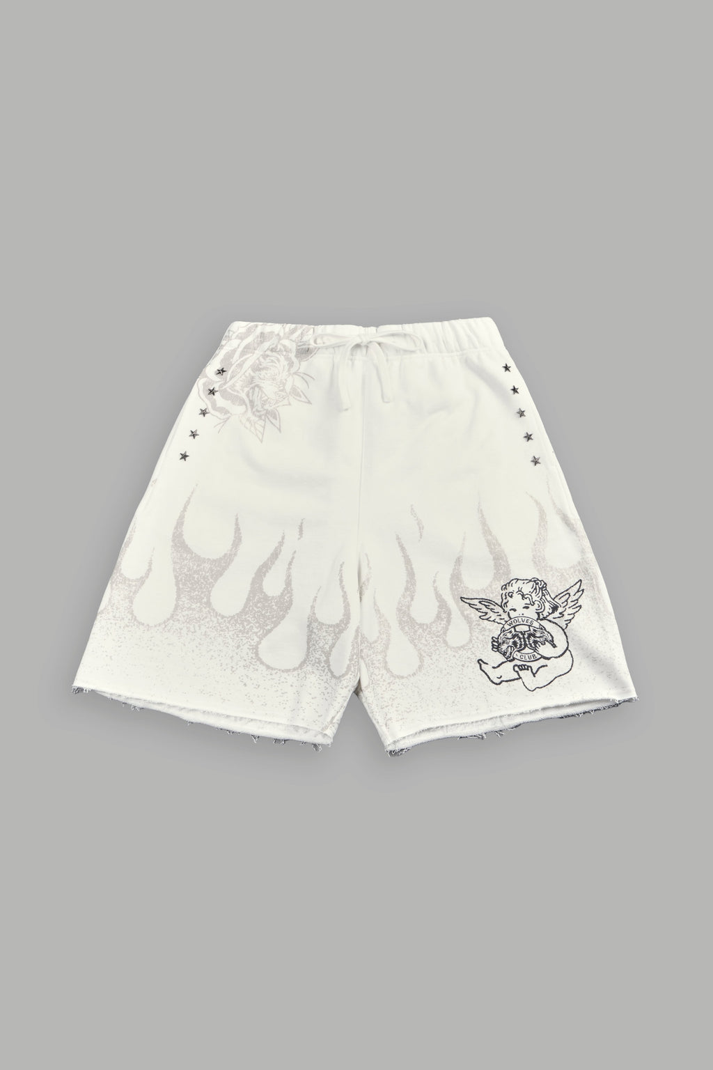 Wolves Club Cherub Inferno Grunge Oversized Raw Hem Post Lounge Sweat Shorts in Cream