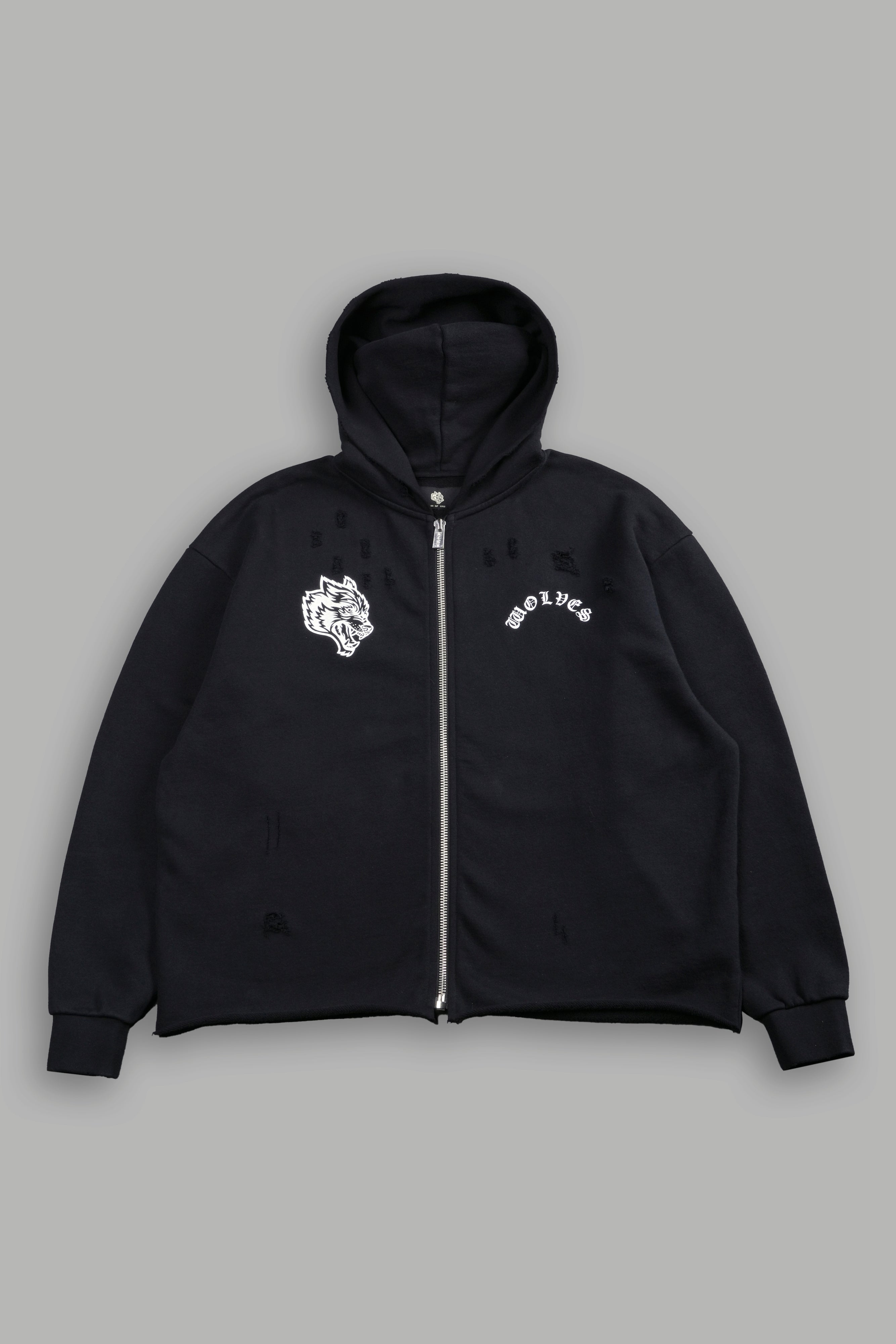 Los Cherub Distressed Grunge Mid Length Raw Hem Zip Hoodie in Black — imagem 3