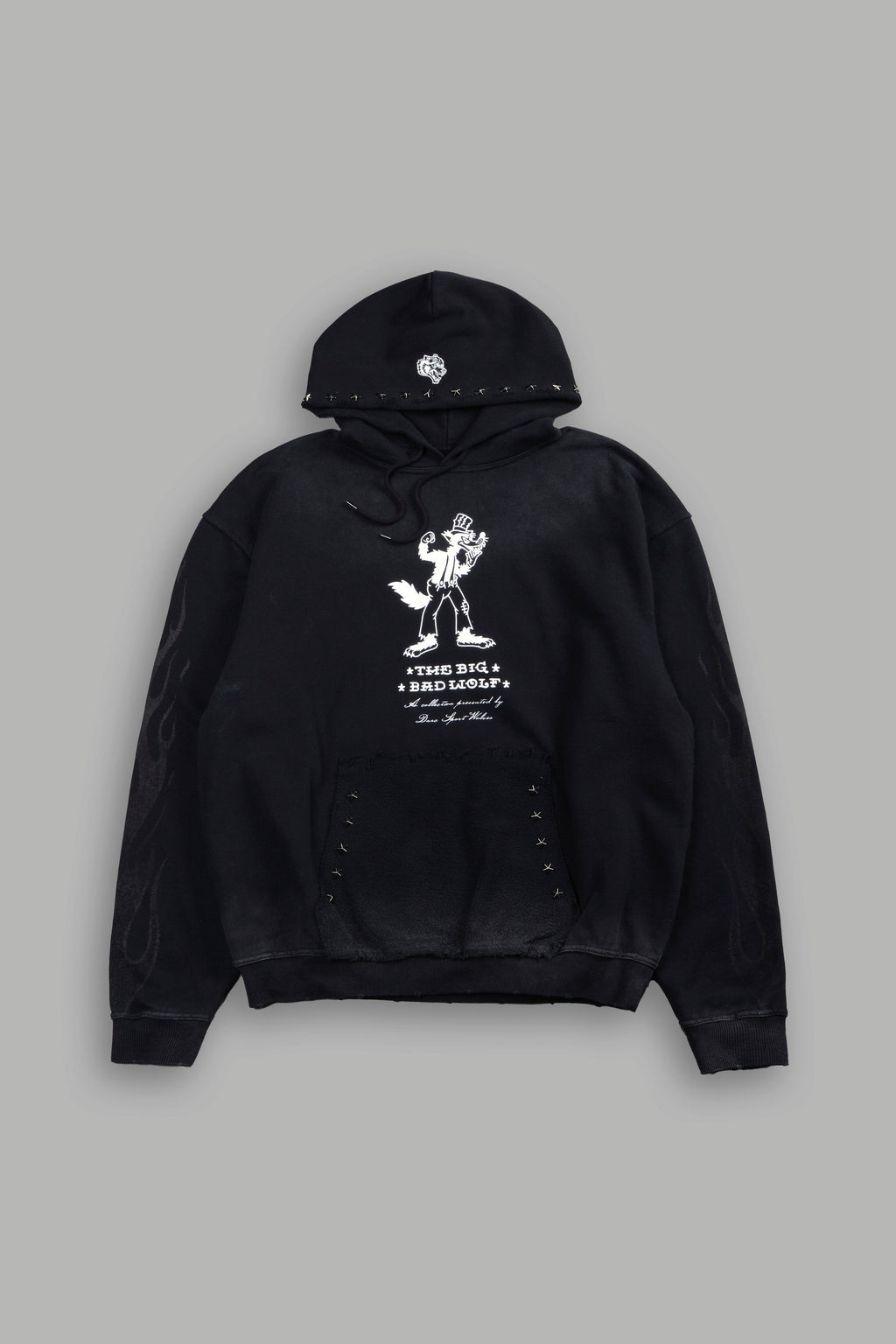 Big Bad Wolf Applique Grunge Moatis Hoodie in Black Drift Wash