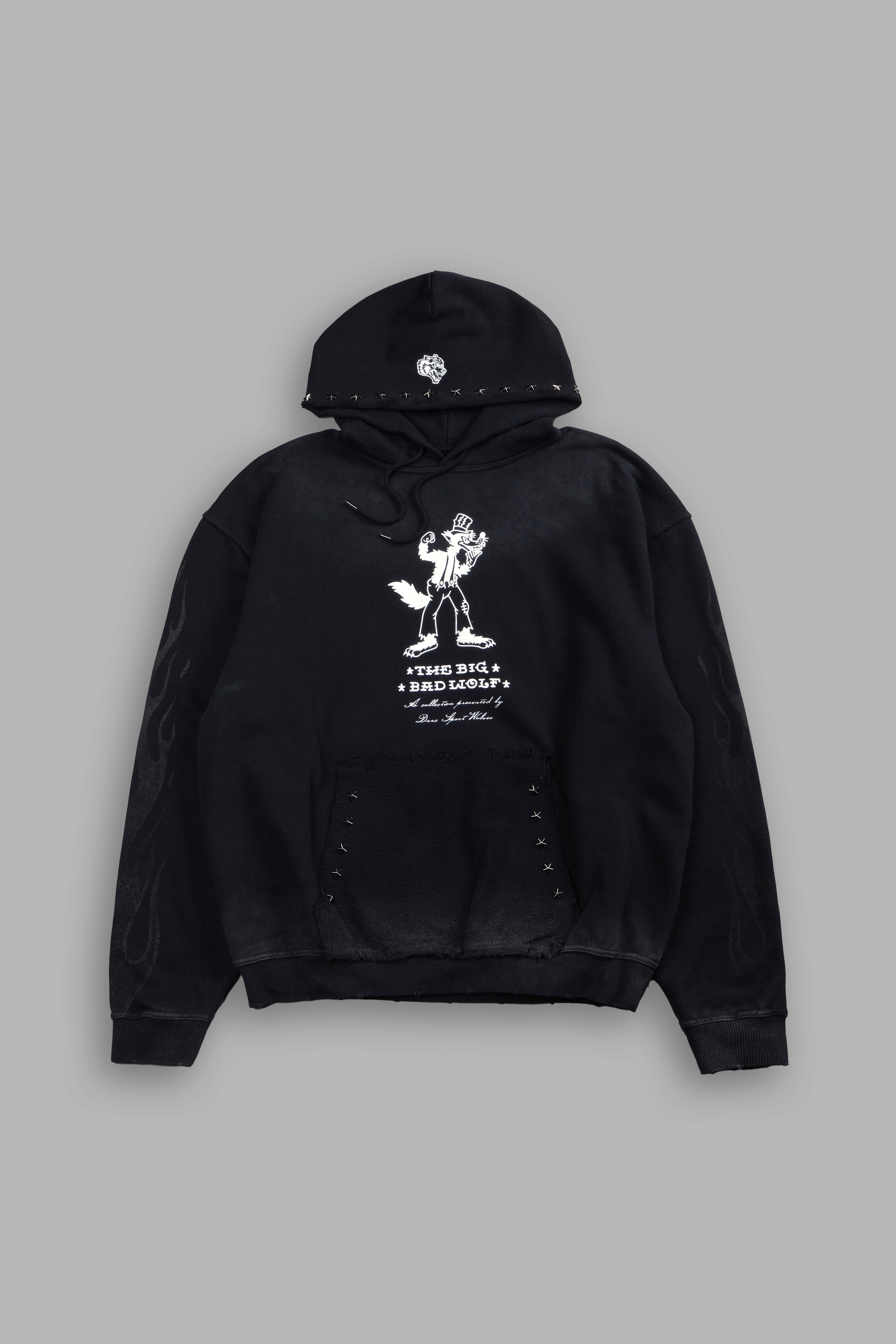 Big Bad Wolf Applique Grunge Moatis Hoodie in Black Drift Wash