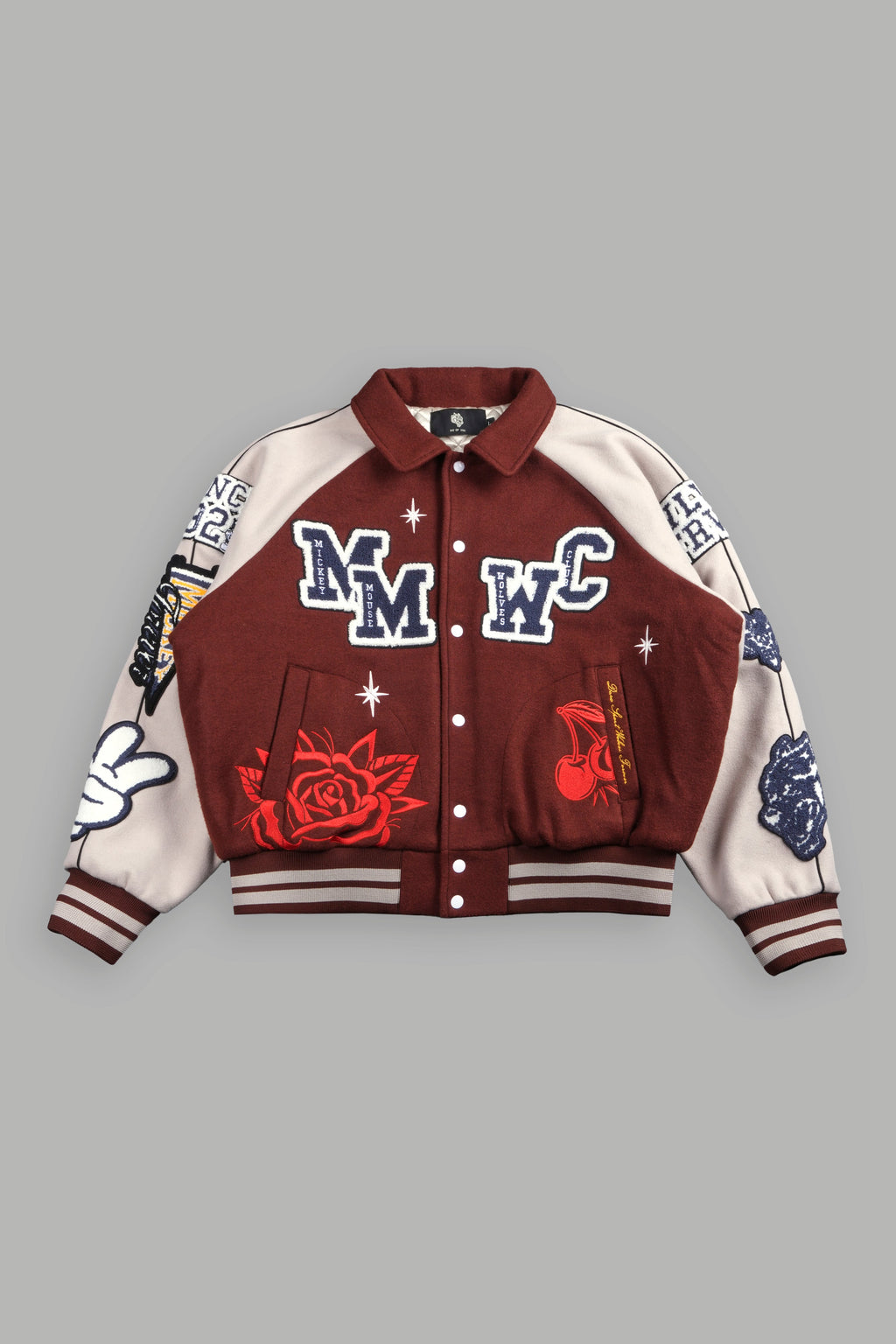 Mickey Mouse Wolves Club Roxy Box Cut Rudy Letterman Jacket in Oxblood/Clay