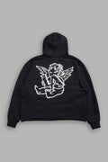 Los Cherub Distressed Grunge Mid Length Raw Hem Zip Hoodie in Black — imagem 1