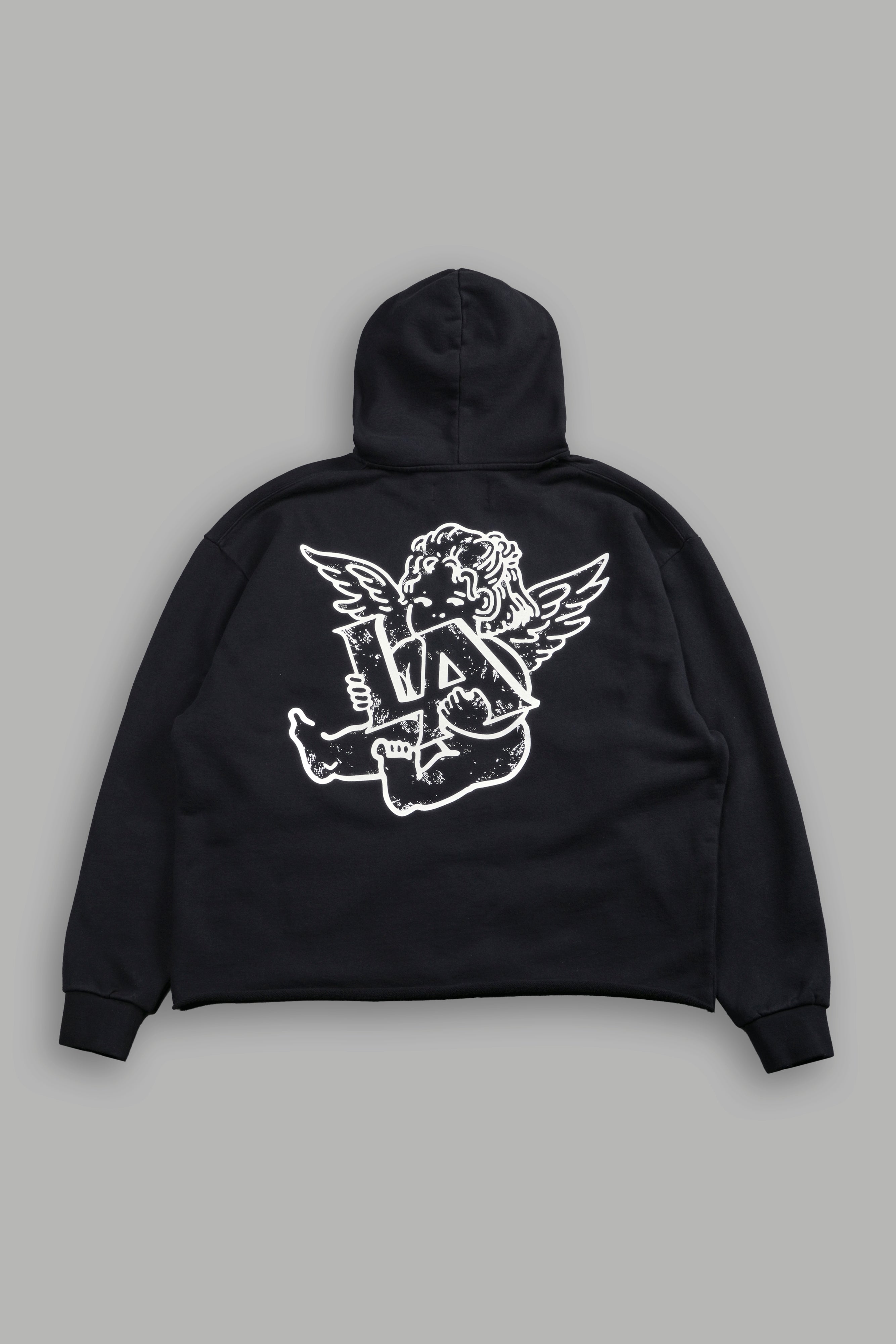 Los Cherub Distressed Grunge Mid Length Raw Hem Zip Hoodie in Black — imagem 1