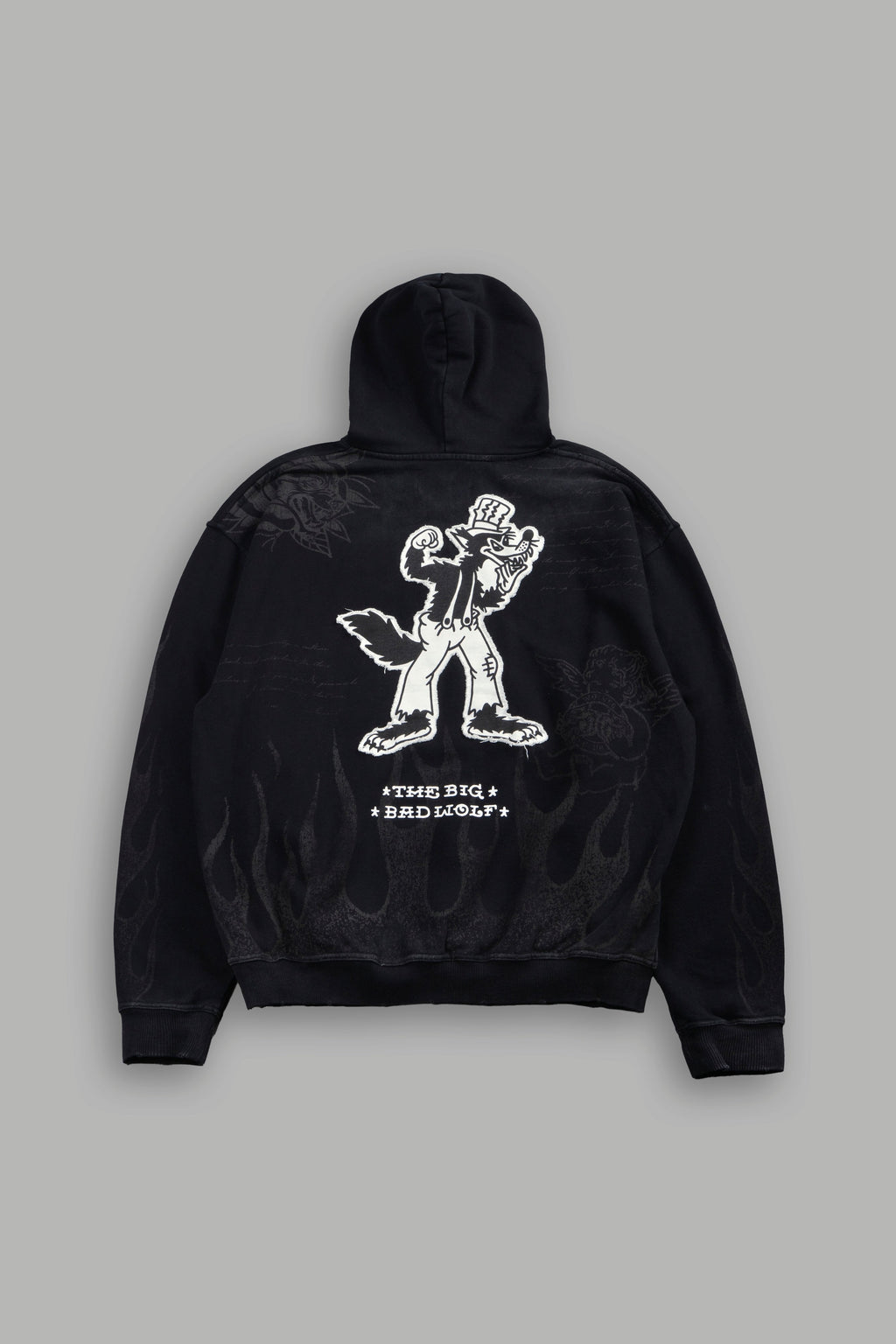 Big Bad Wolf Applique Grunge Moatis Hoodie in Black Drift Wash