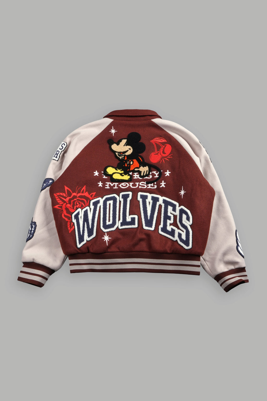 Mickey Mouse Wolves Club Roxy Box Cut Rudy Letterman Jacket in Oxblood/Clay