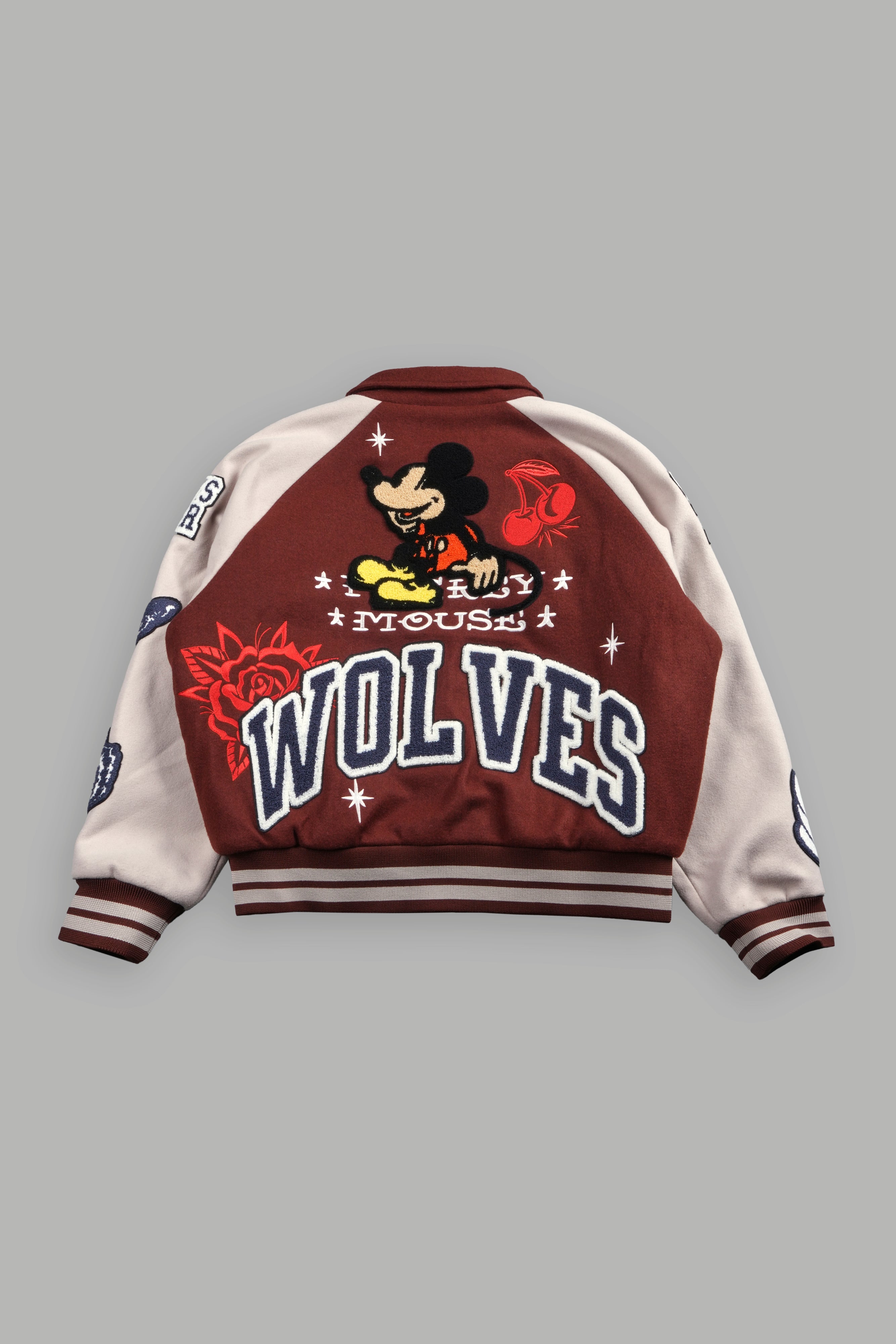 Mickey Mouse Wolves Club Roxy Box Cut Rudy Letterman Jacket in Oxblood/Clay