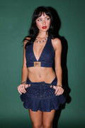 She Wolf Patch Denim Halter Crop in Medium Wash — imagem 1
