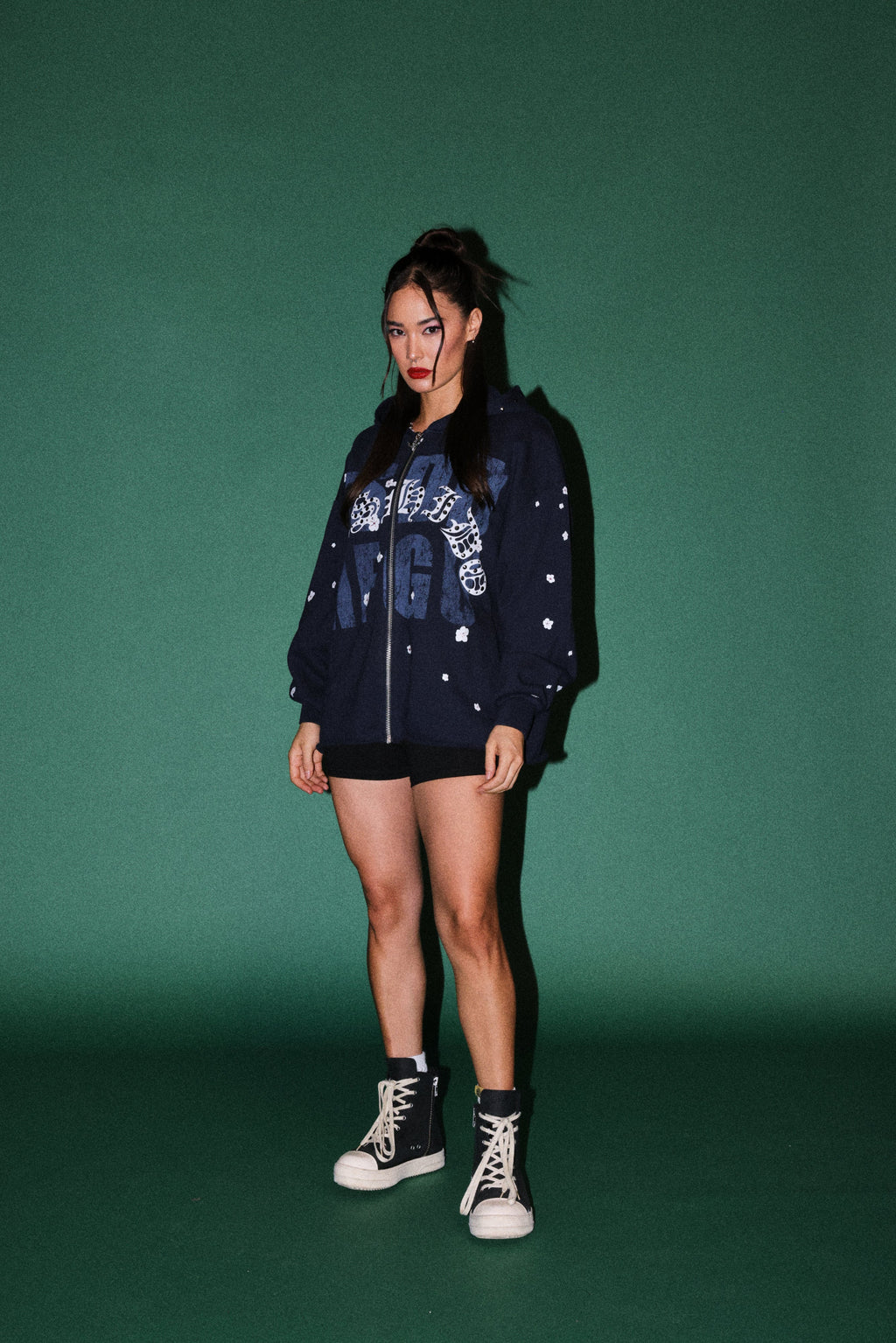 Ssddnfgu Bushido Distressed Grunge Mid Length Raw Hem Zip Hoodie in Navy — imagem 5