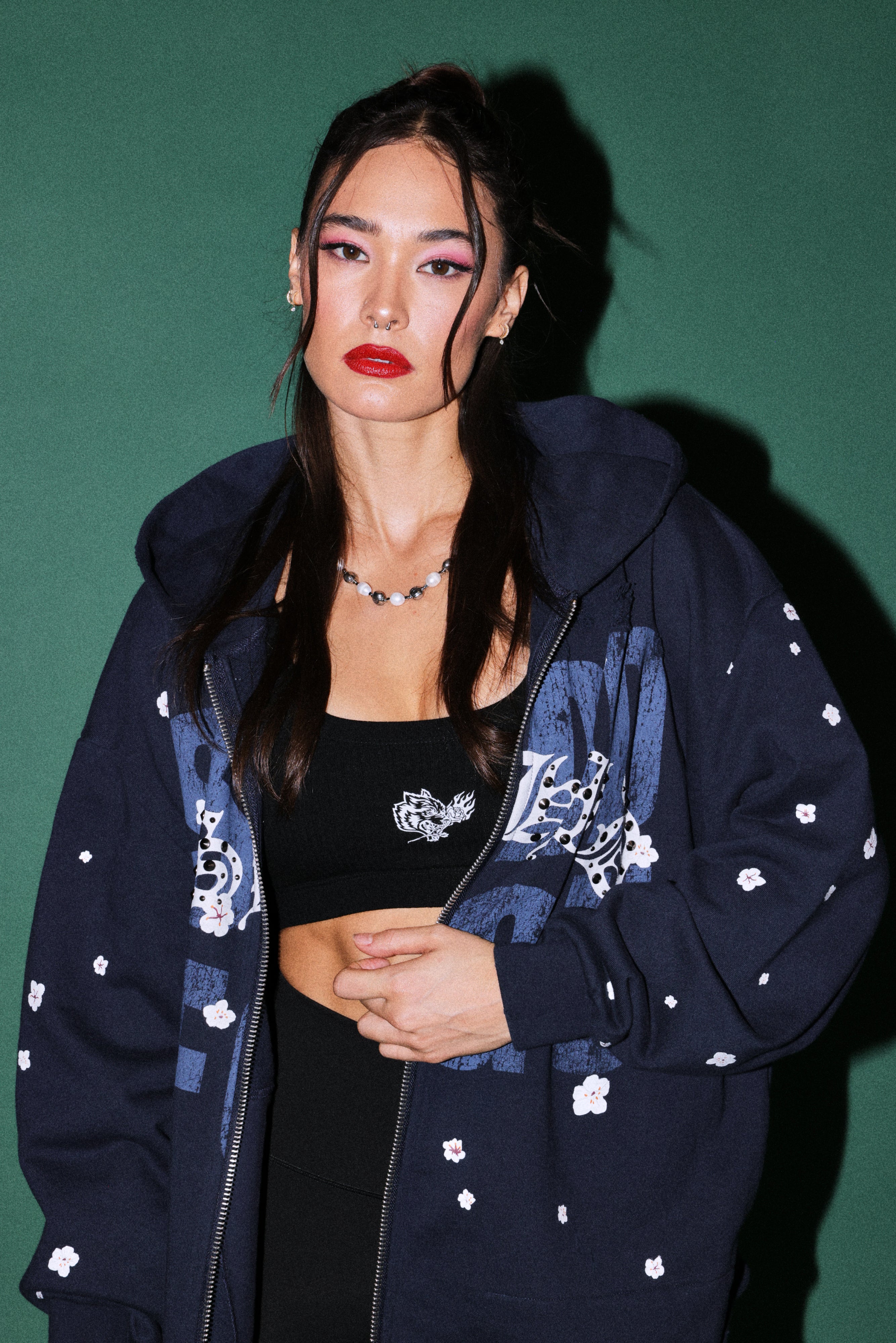 Ssddnfgu Bushido Distressed Grunge Mid Length Raw Hem Zip Hoodie in Navy — imagem 6