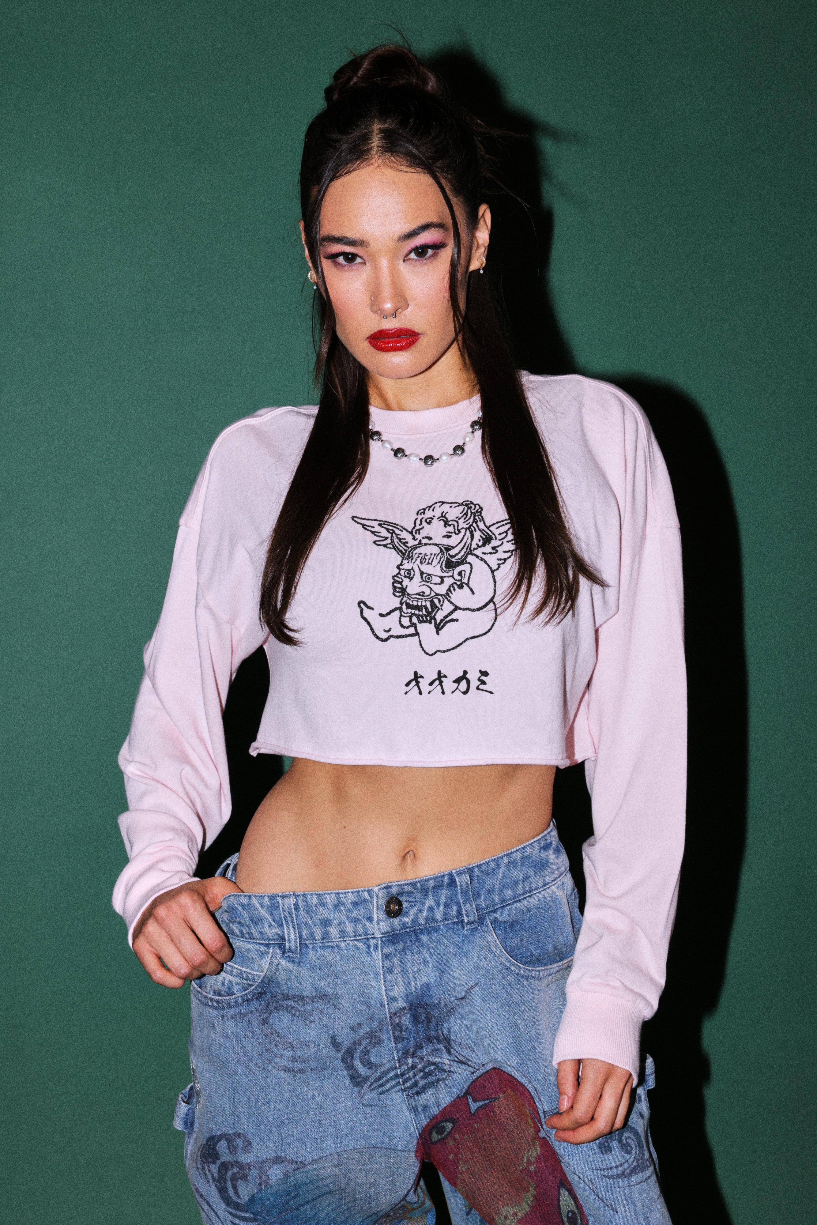 Oni Cherub Premium Oversized Cropped Ls Tee in Blush Pink — imagem 1