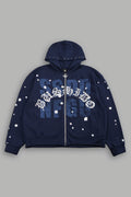 Ssddnfgu Bushido Distressed Grunge Mid Length Raw Hem Zip Hoodie in Navy — imagem 1