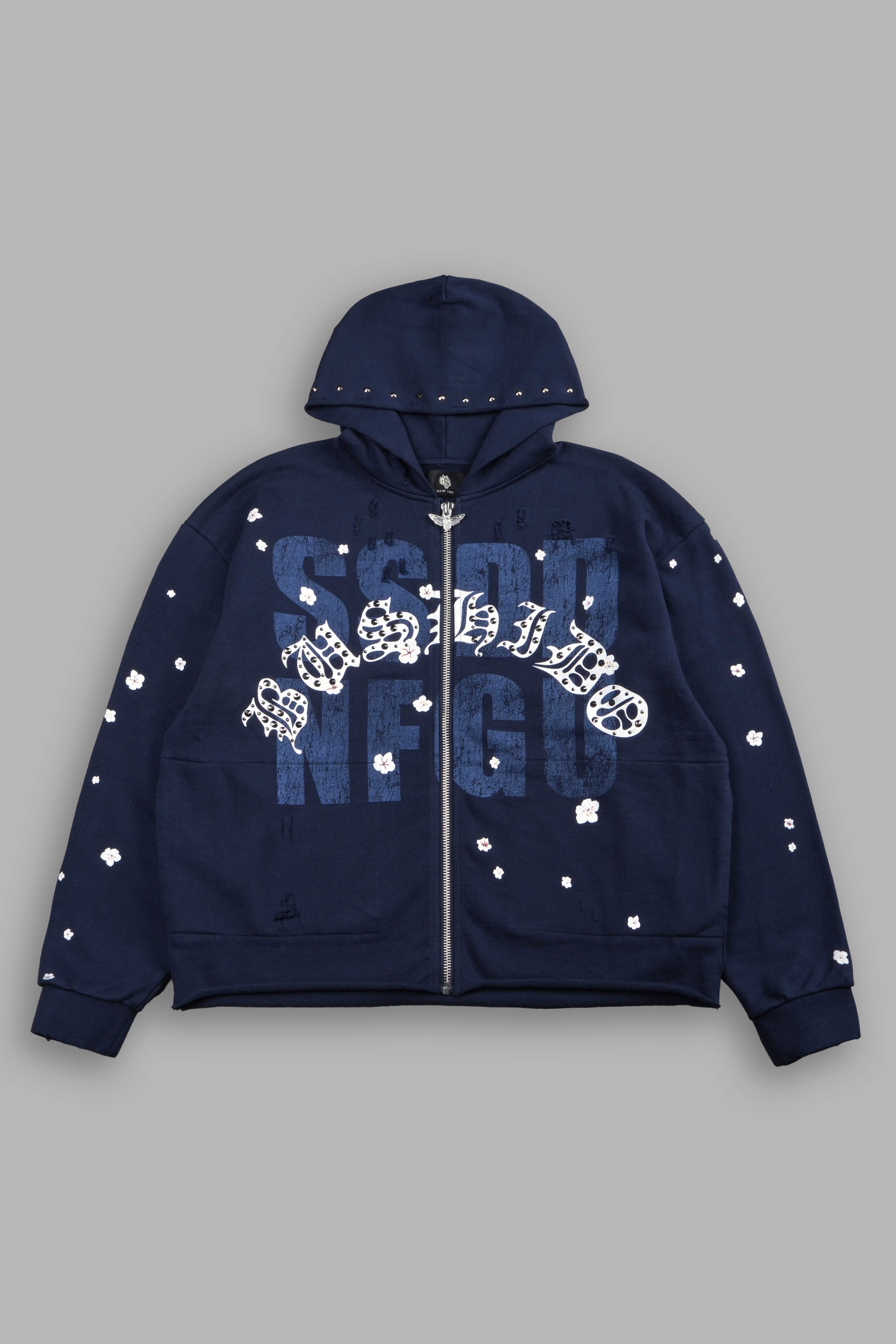 Ssddnfgu Bushido Distressed Grunge Mid Length Raw Hem Zip Hoodie in Navy — imagem 1