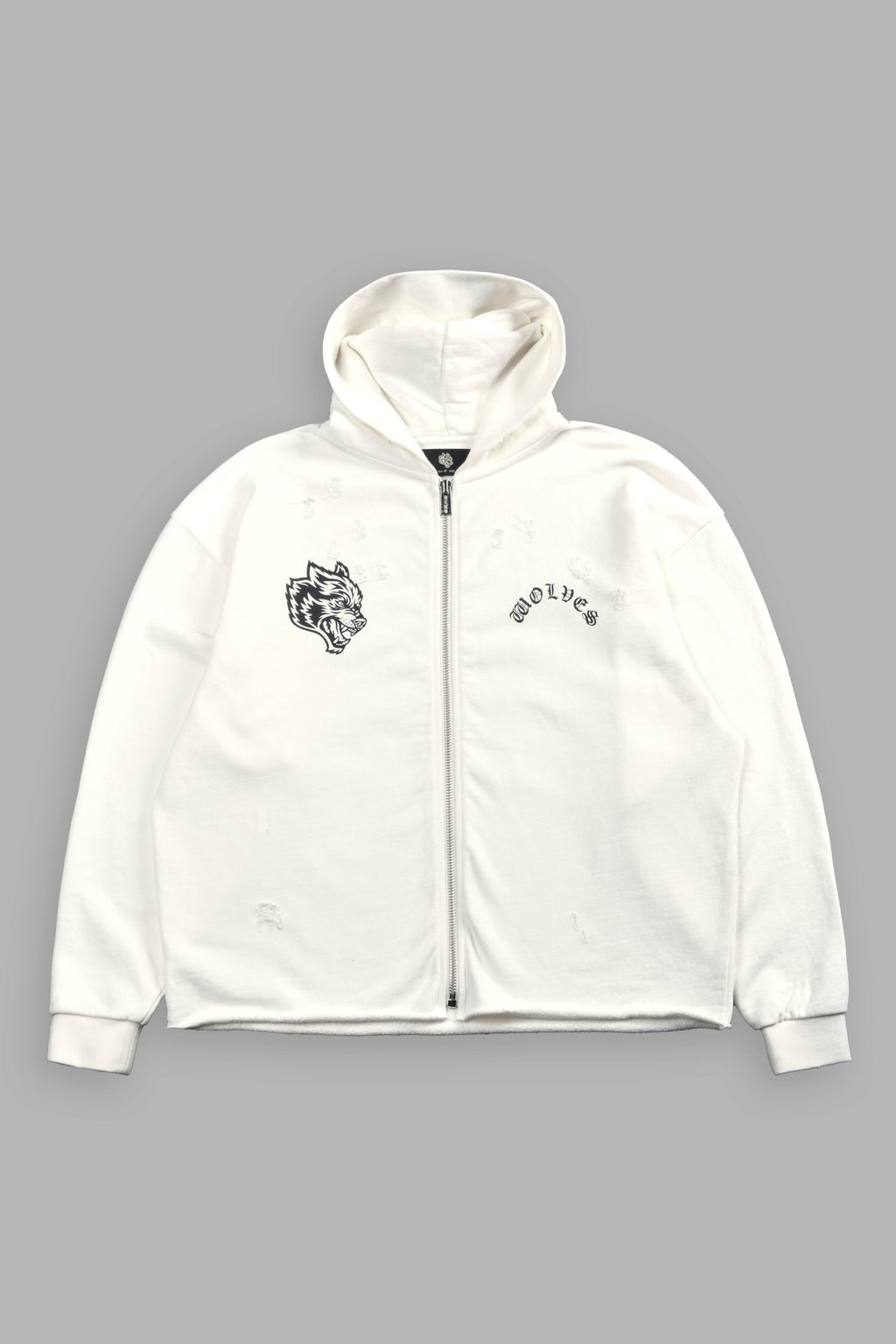 Los Cherub Distressed Grunge Mid Length Raw Hem Zip Hoodie in Cream — imagem 3