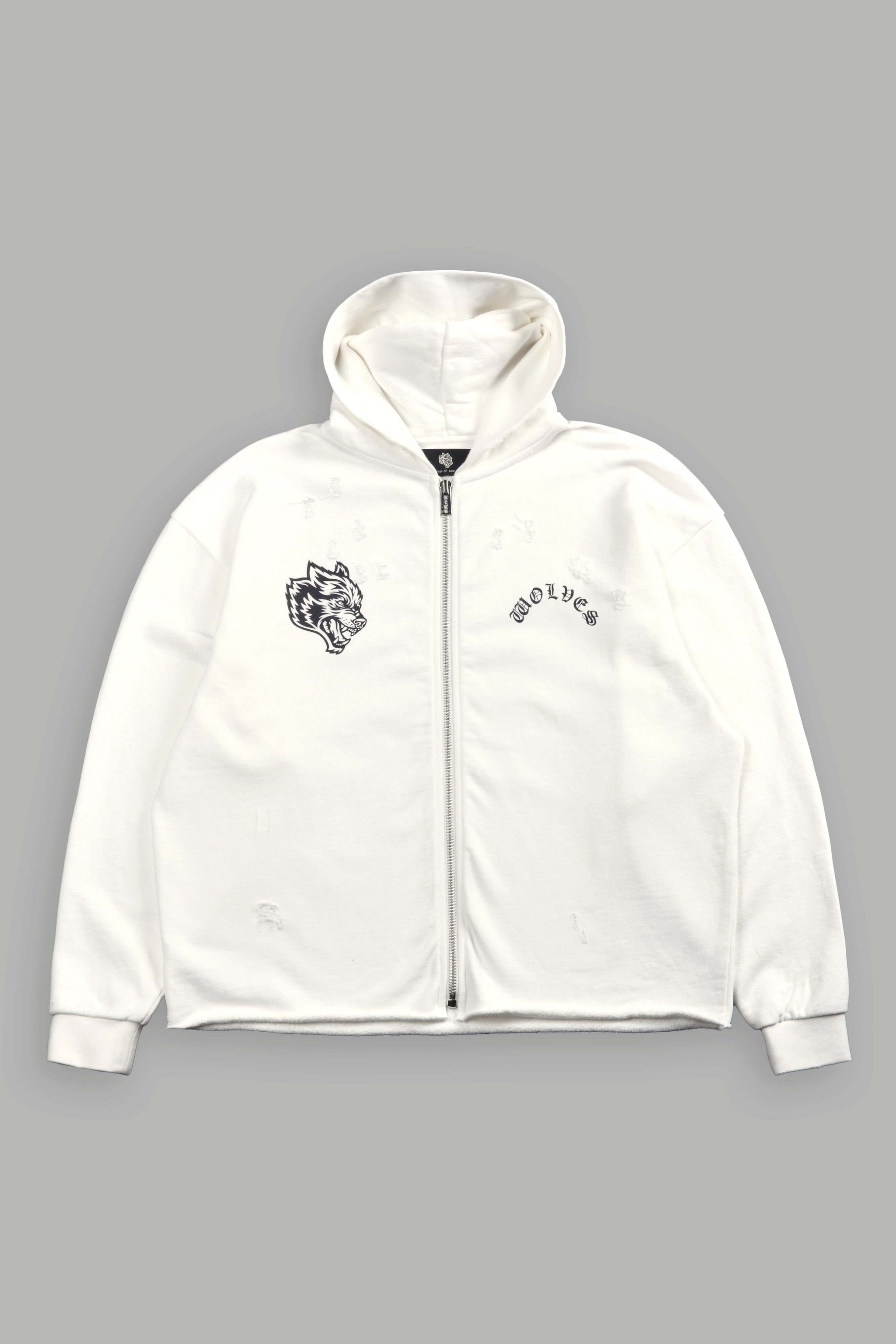 Los Cherub Distressed Grunge Mid Length Raw Hem Zip Hoodie in Cream — imagem 3