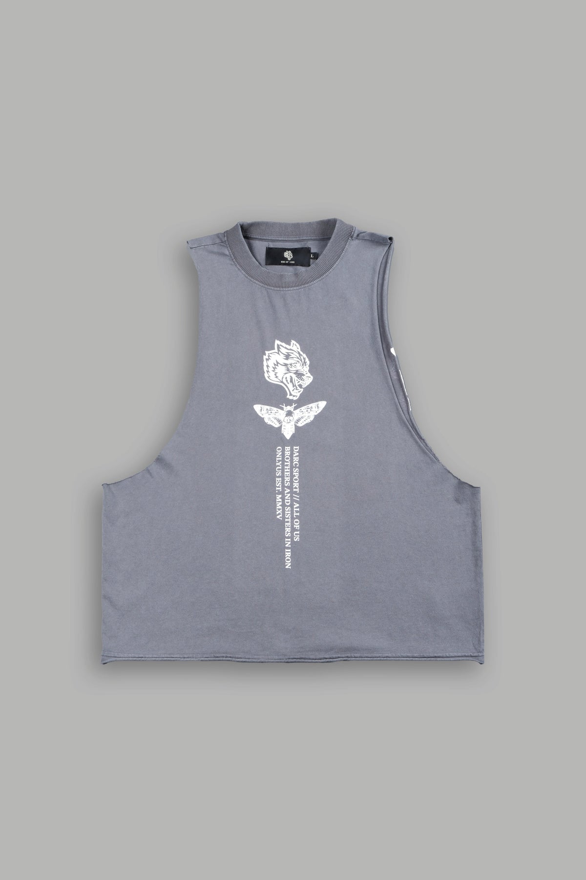 Big Wolf Head Grunge Raw Hem Box Cut Tommy Muscle Tee In Slate Gray - imagem 1