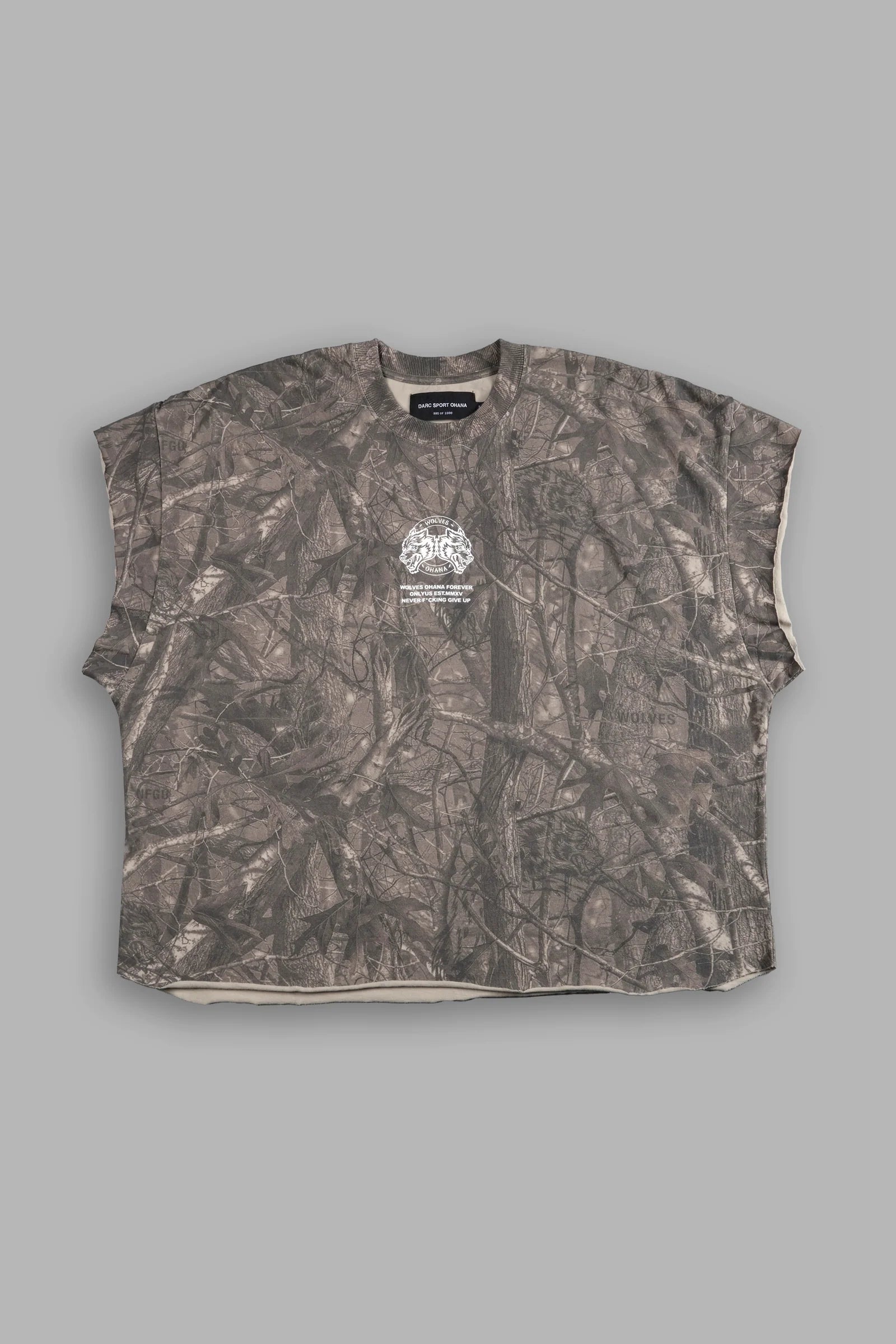 WOLVES OHANA FOREVER "GRUNGE" CUT OFF TEE IN DUSK MOSS DRIFTWOOD FOREST CAMO