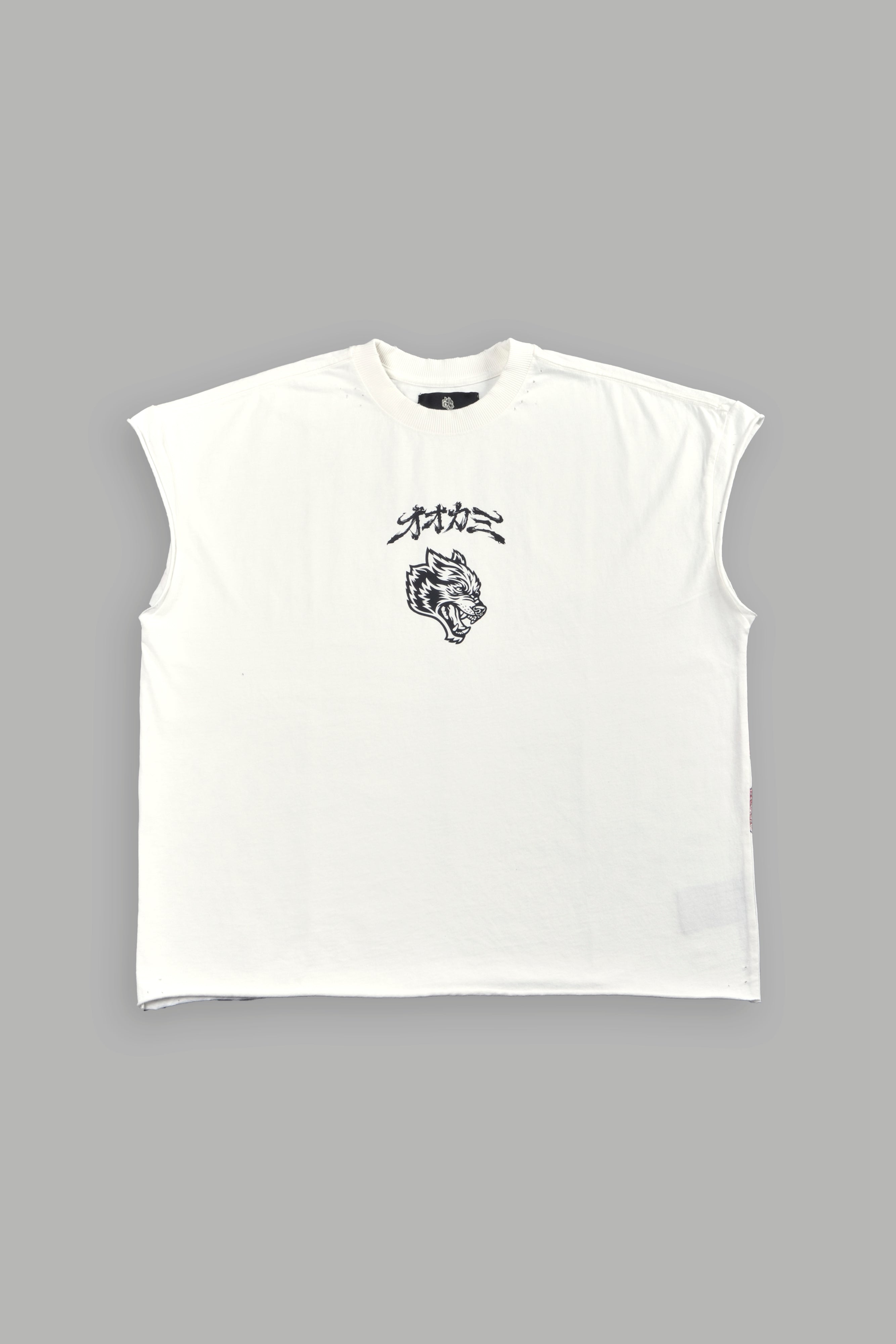 Our Code Distressed Grunge Cut Off Mid Length Raw Hem Tee in Cream — imagem 3