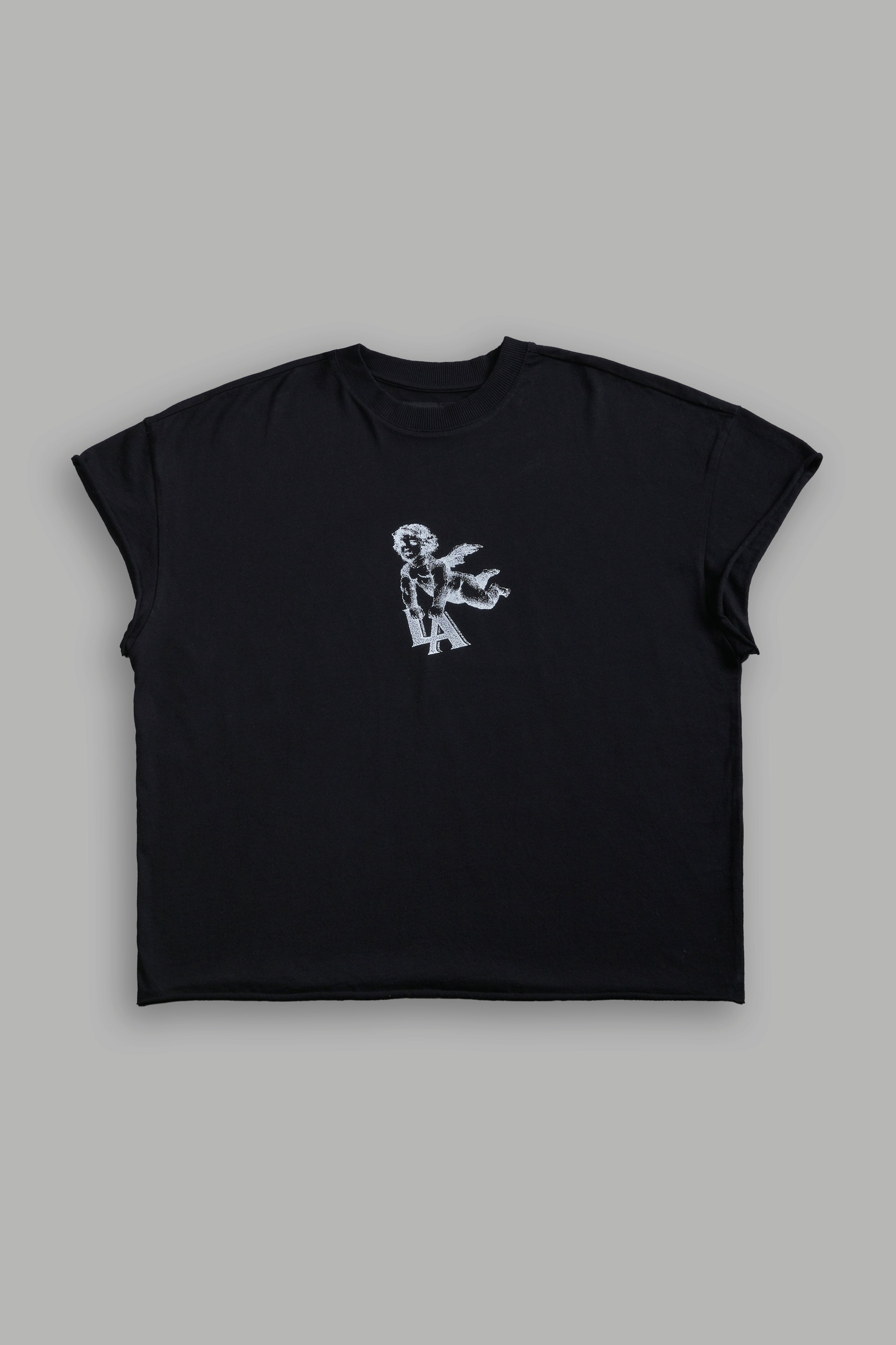 La Cherub Grunge Mid Length Raw Hem Cap Sleeve Tee in Black — imagem 3