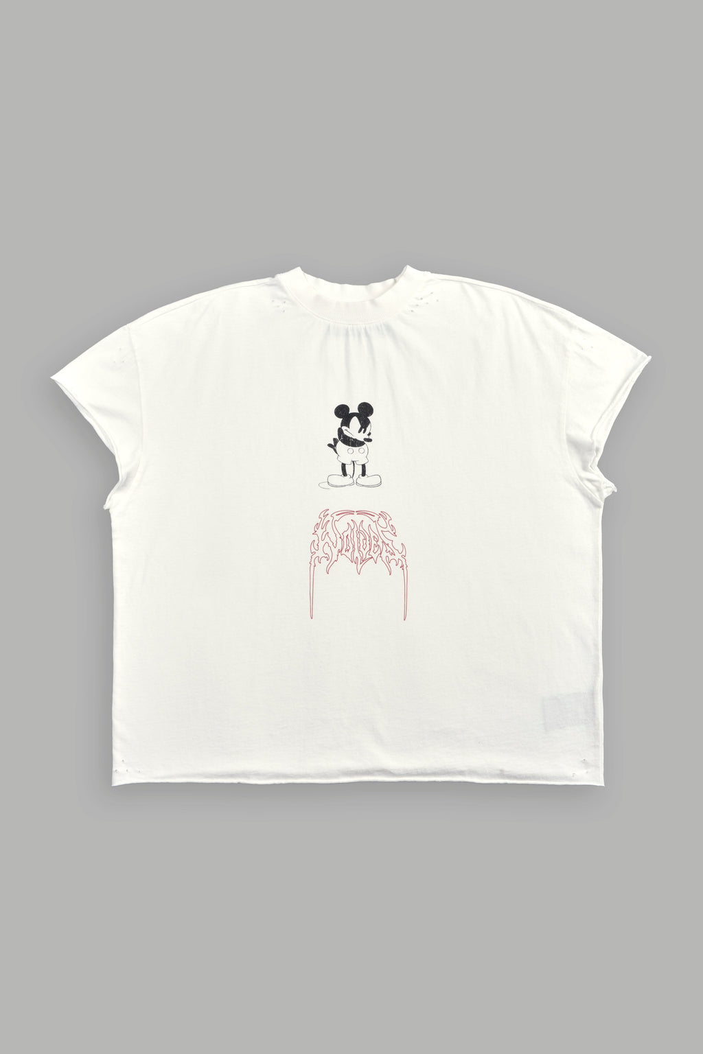 Mickey Mouse Onlyus Distressed Grunge Mid Length Raw Hem Cap Sleeve Tee in Cream