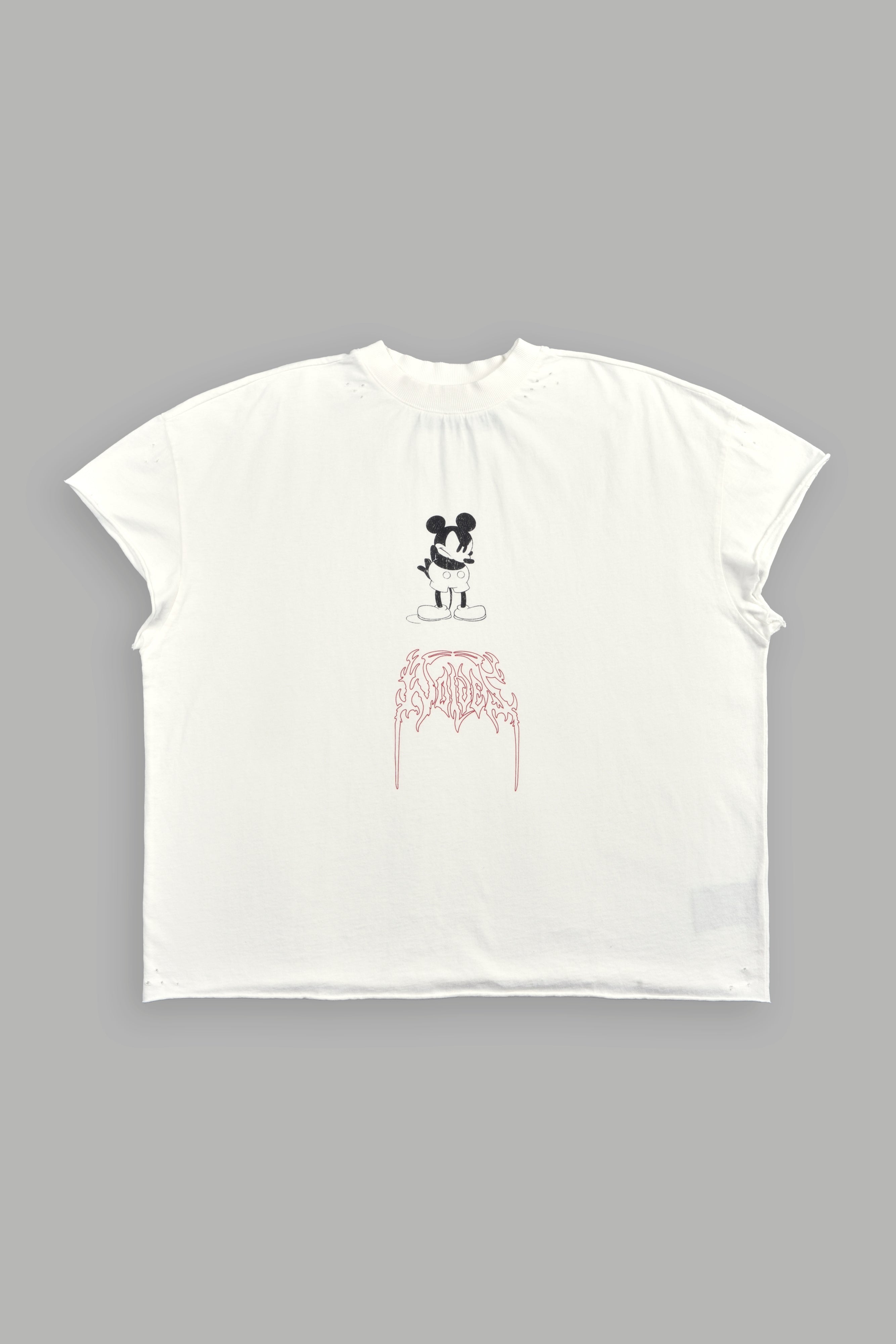 Mickey Mouse Onlyus Distressed Grunge Mid Length Raw Hem Cap Sleeve Tee in Cream