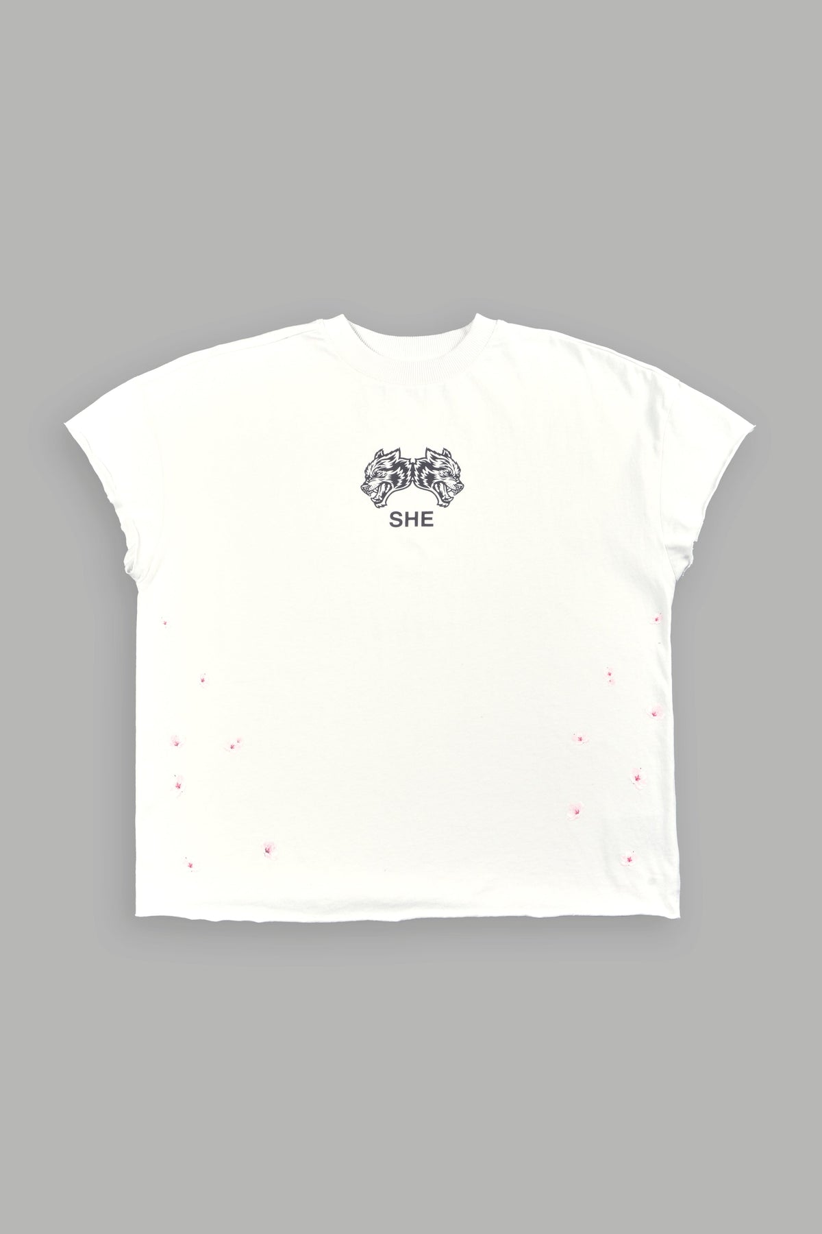 Sakura Hesh Grunge Mid Length Raw Hem Cap Sleeve Tee In Stone — imagem 5