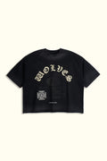 OHANA WOLVES CLUB GRUNGE RAW HEM MID LENGTH TEE IN BLACK DRIFT WASH
