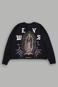 Dama De Las Rosas Grunge Mid Length Raw Hem Ls Tee In Black
