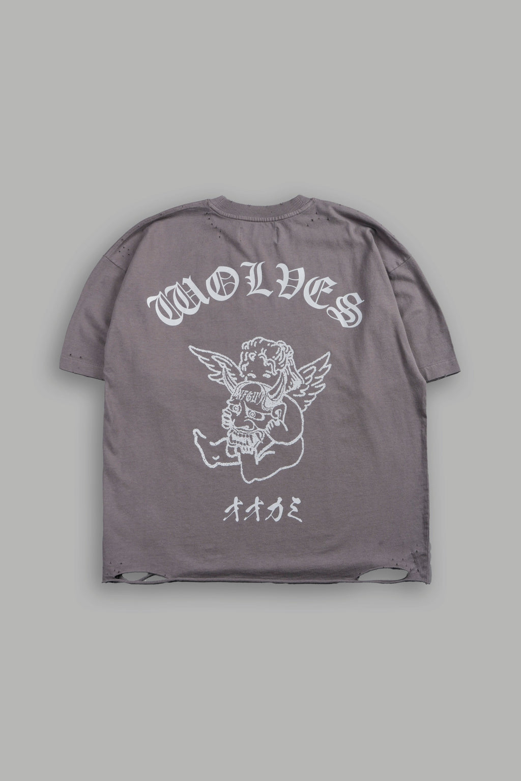 Wolves Oni Cherub Distressed Grunge Unisex Tee in Slate Gray — imagem 1