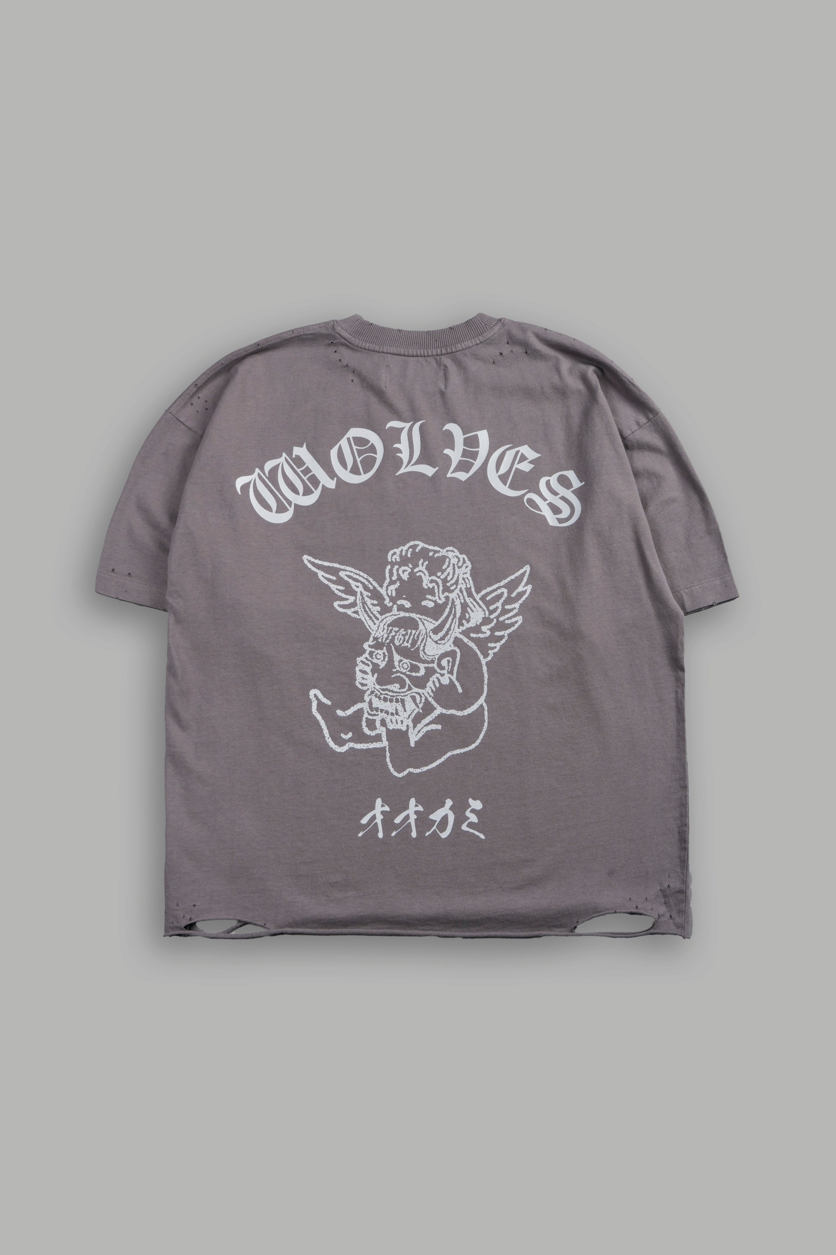 Wolves Oni Cherub Distressed Grunge Unisex Tee in Slate Gray — imagem 1