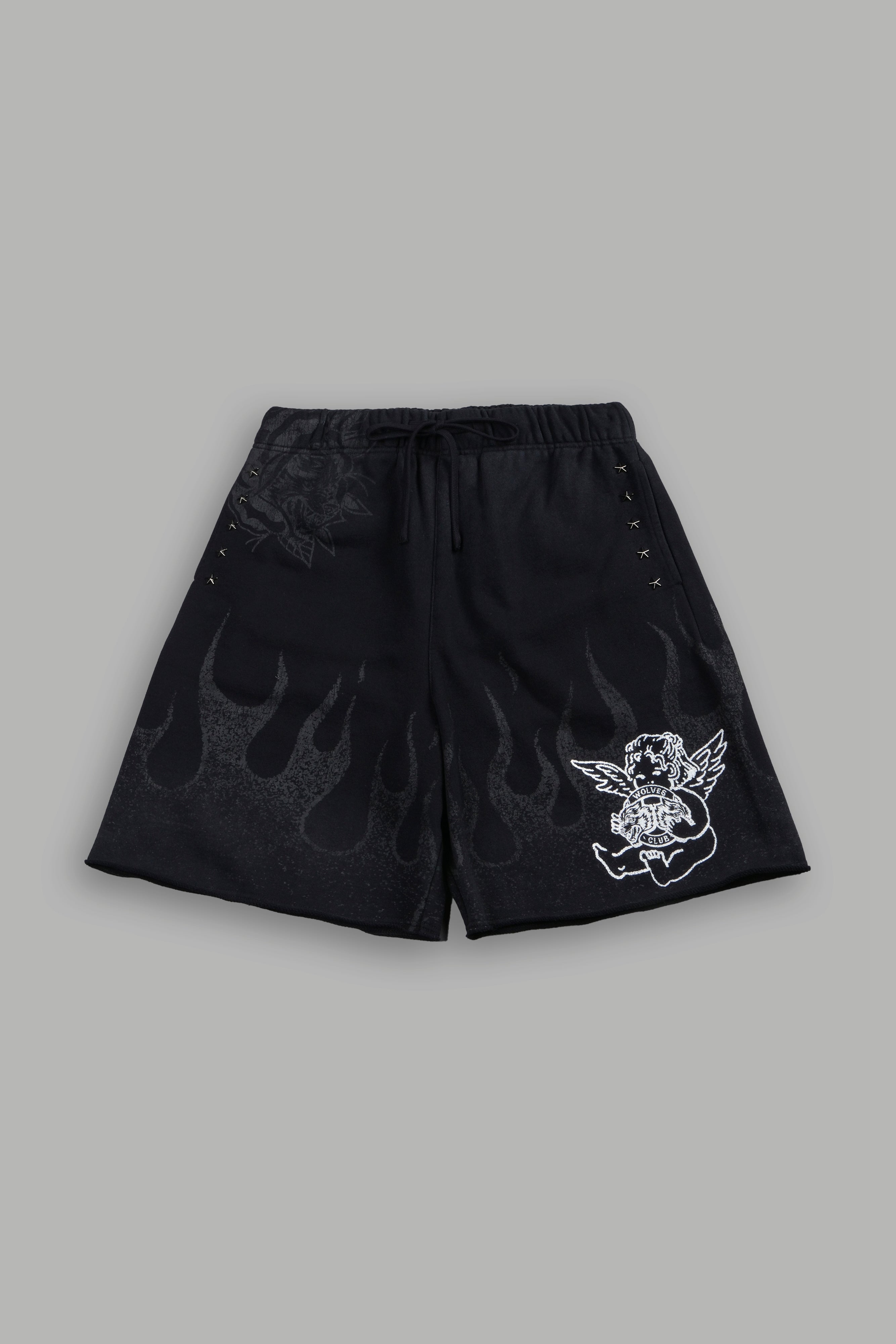 Wolves Club Cherub Inferno Grunge Oversized Raw Hem Post Lounge Sweat Shorts in Black Drift Wash