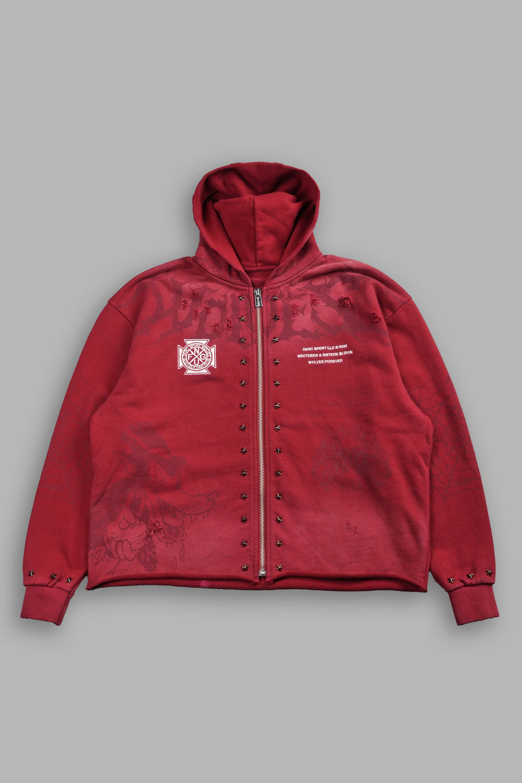 Big & Bad Distressed Grunge Mid Length Raw Hem Zip Hoodie in Carmine Red Drift Wash